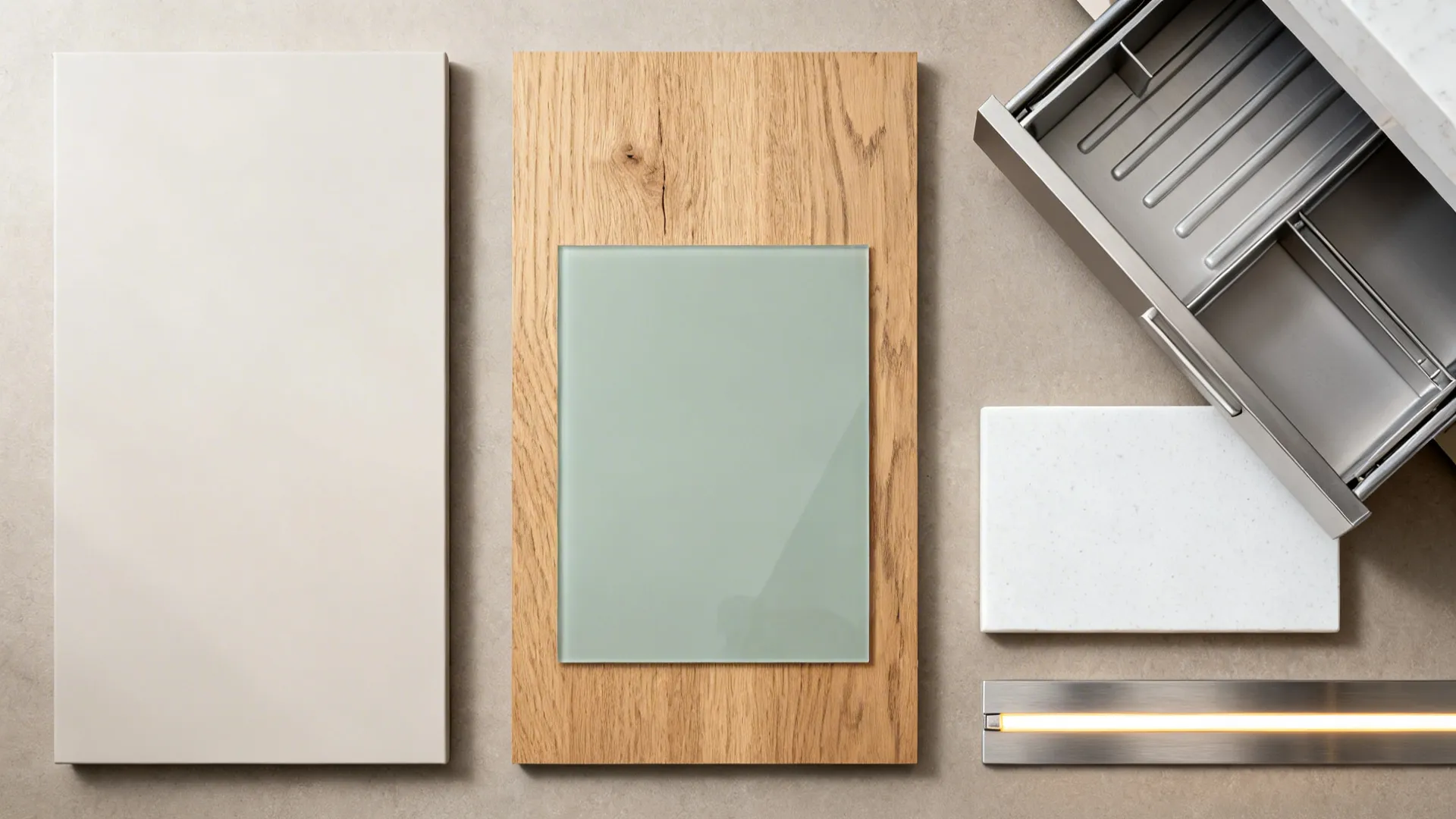 Flat lay with matte slab cabinet, oak veneer, sage glass, white quartz, and LED strip.