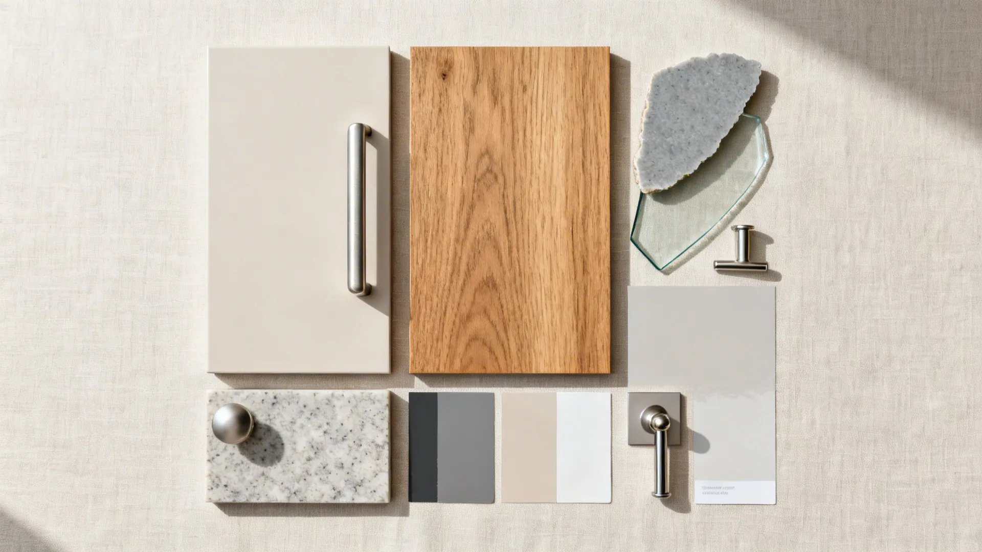 Flatlay of pale cabinet finish, rift oak veneer, glass, and soft gray quartz samples.