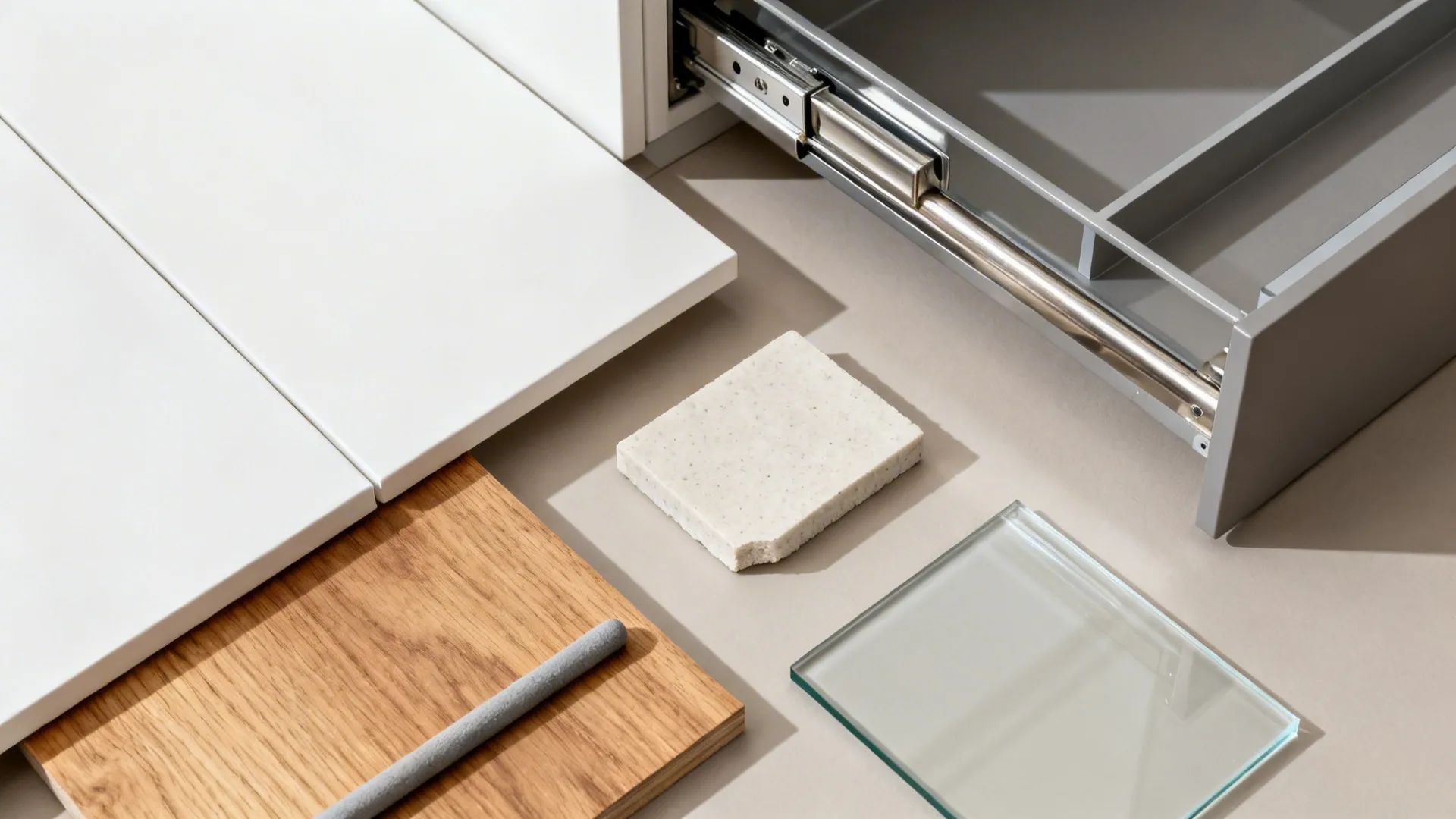 Flat lay of white cabinet, oak veneer, pale quartz, and clear glass samples for a minimalist kitchen.