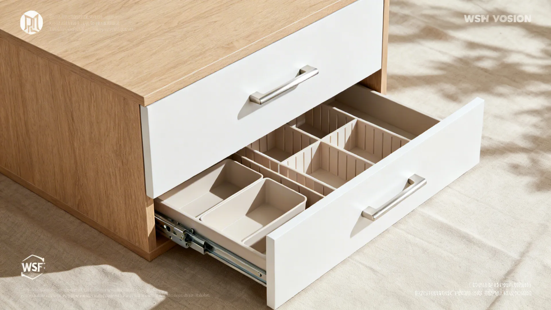 Top-down materials set: light oak veneer, matte white front, nickel pull, hinges, and pull-out hardware.