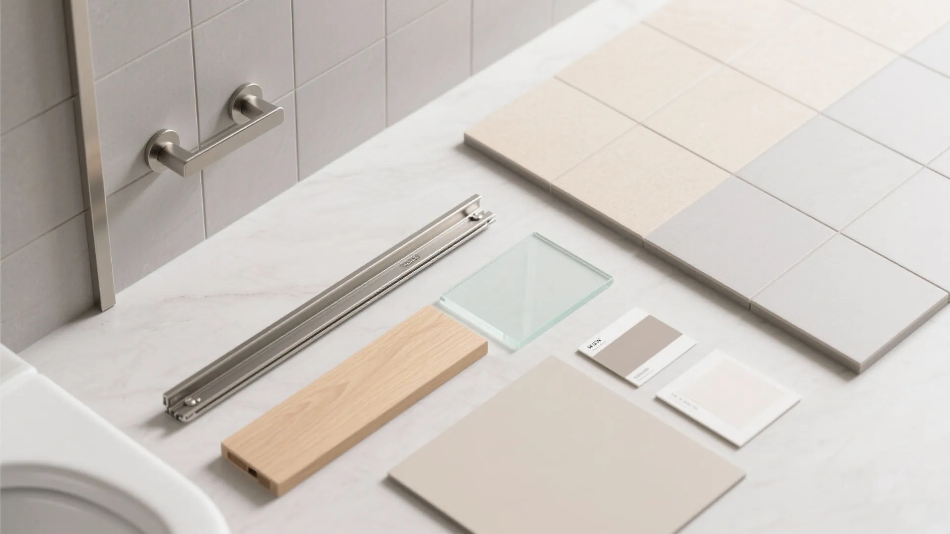 Flatlay of minimalist bathroom materials including matte tile, frosted glass, and brushed hardware.