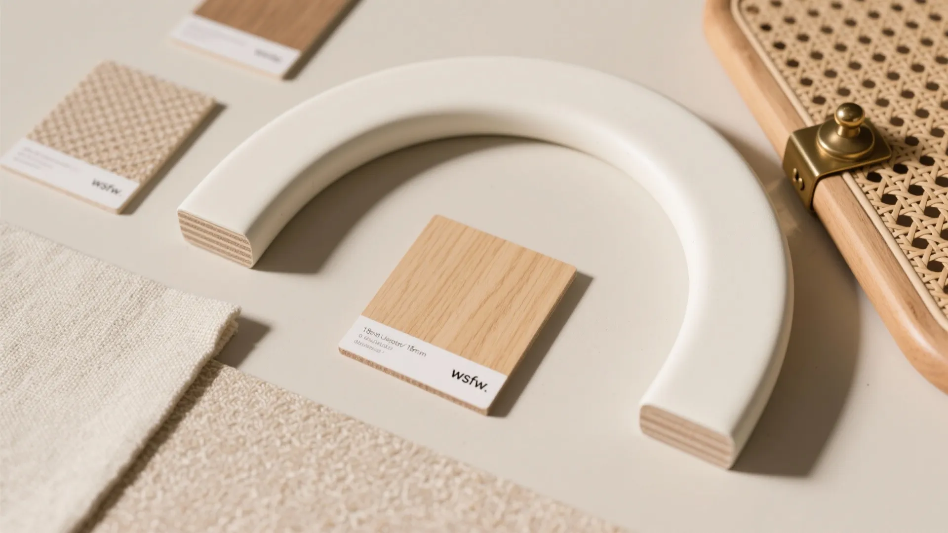 Interior design materials including wood samples fabric white arch shape and woven textures on beige surface