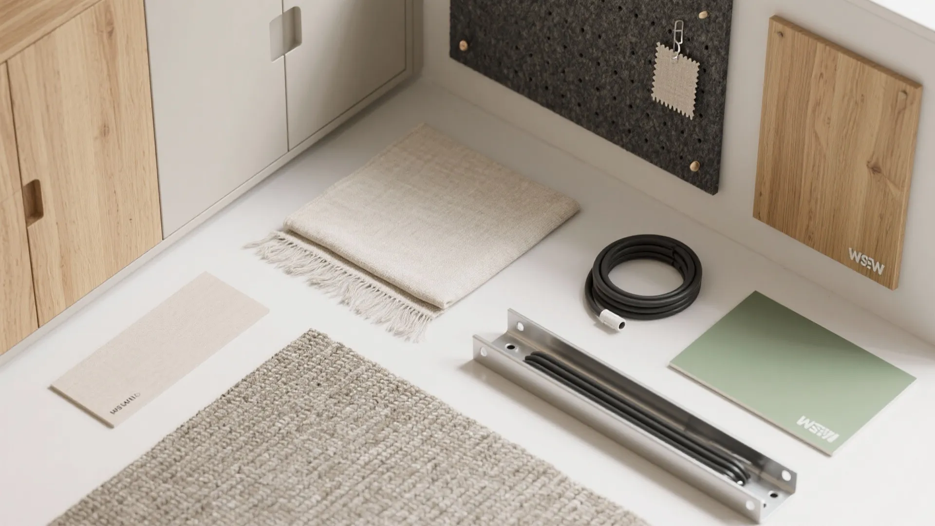 Interior design material board with wood samples fabric swatches green paper and black cable on white