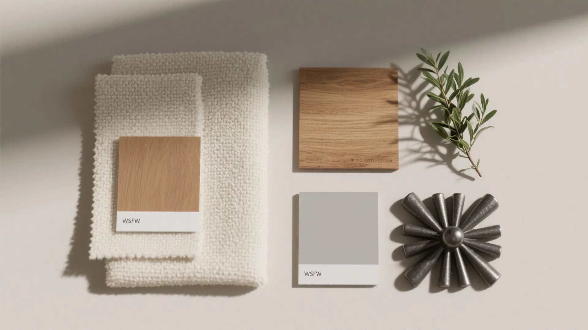 Flatlay of linen, bouclé, warm oak, neutral paint chips, charcoal accent, and greenery.