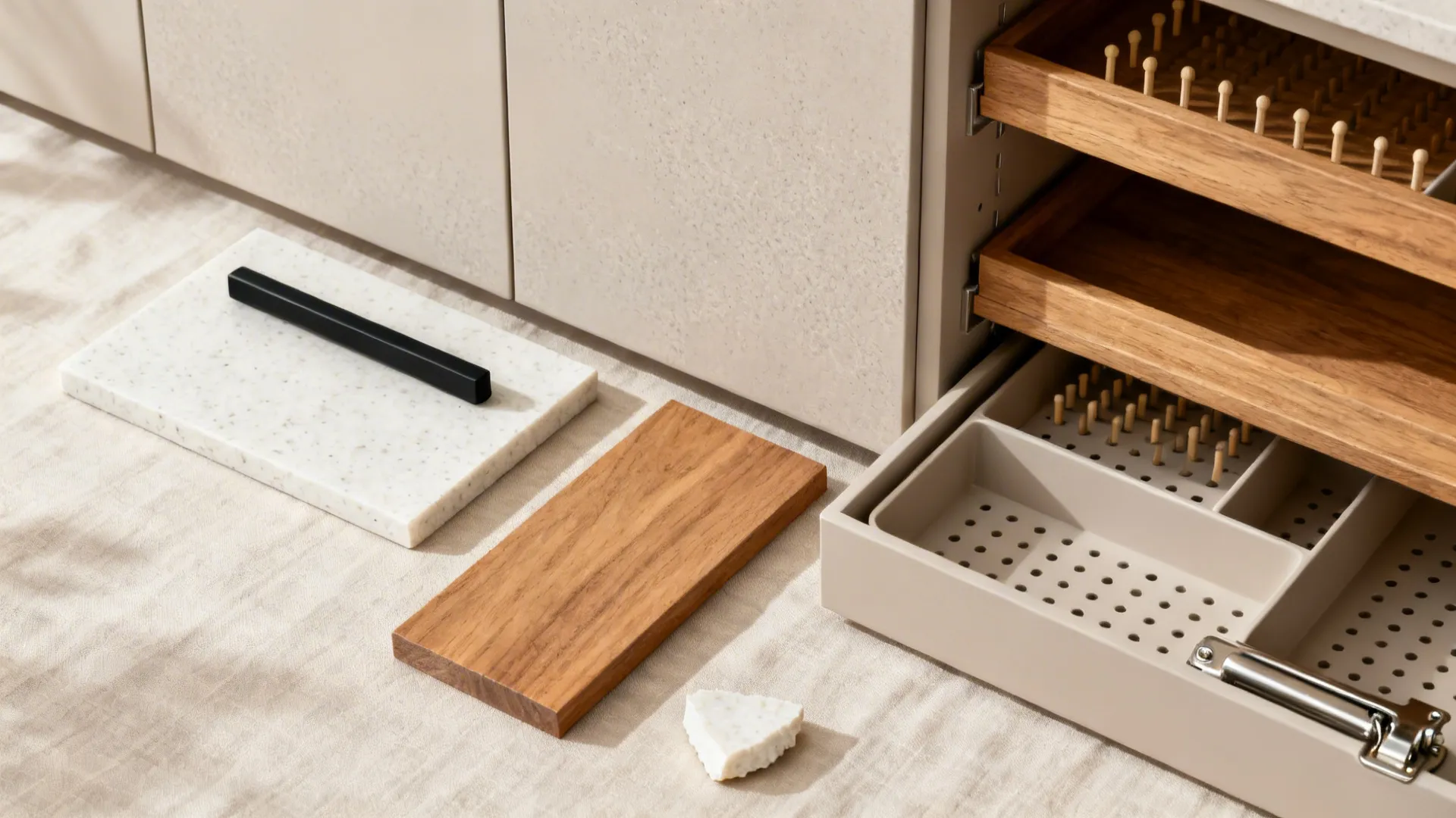 Kitchen material samples featuring white stone wood plank black handle and organized wooden drawer storage