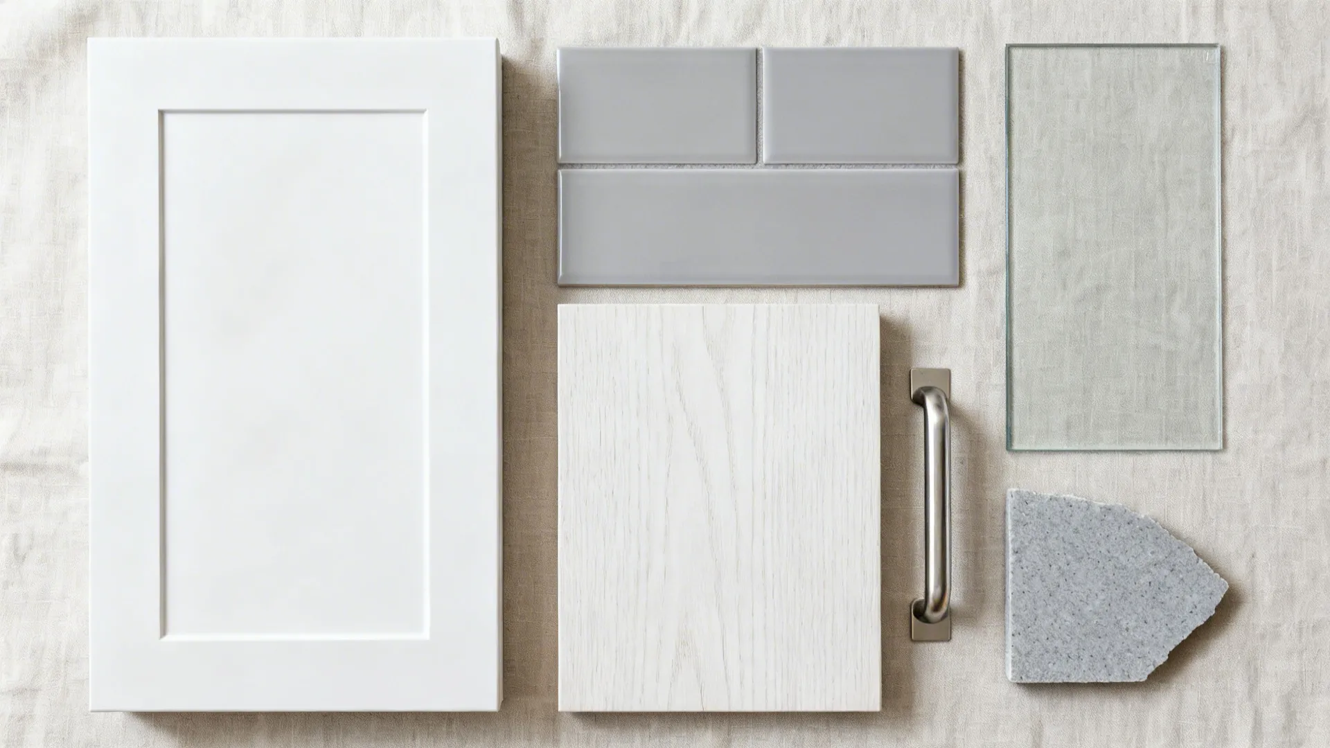 Flat-lay of matte white cabinet, satin tile, glass swatch, white oak, stainless handle, and gray quartz