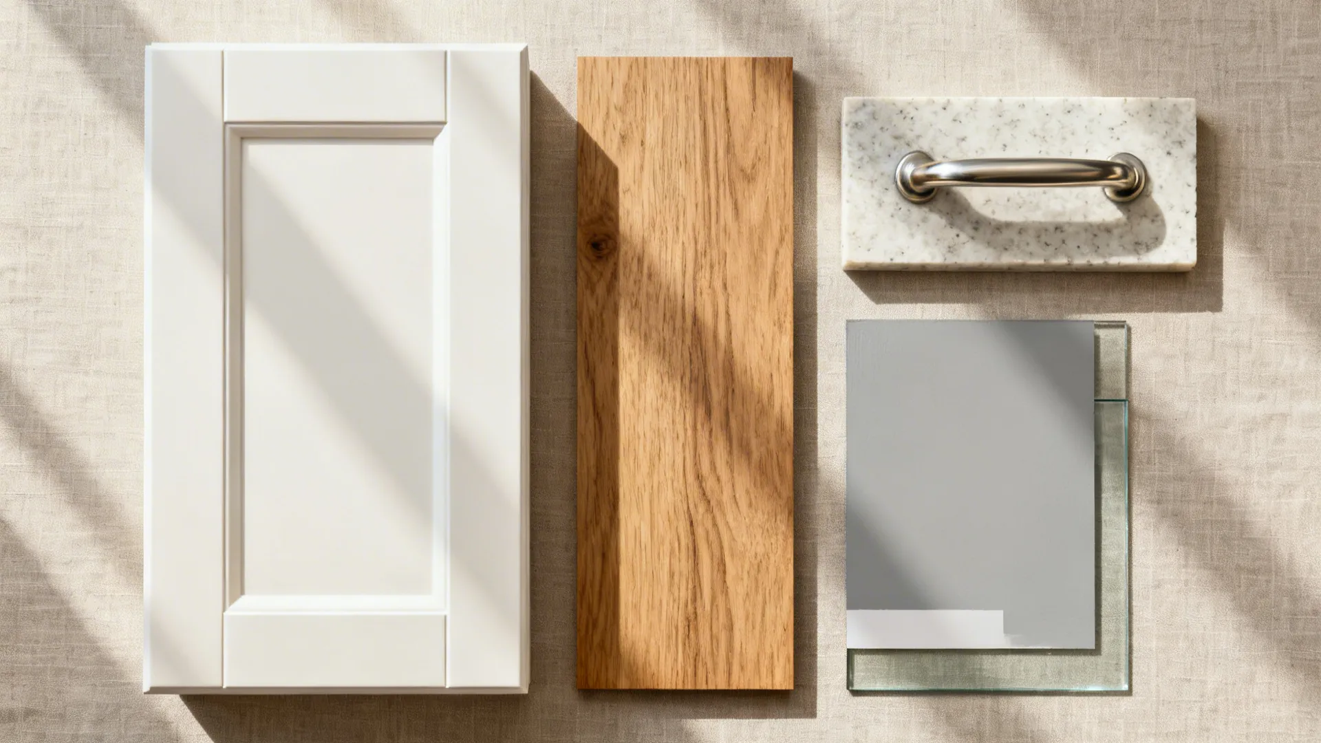 Flat lay of warm white cabinet, oak, quartz, stainless pull, gray paint, and glass samples.