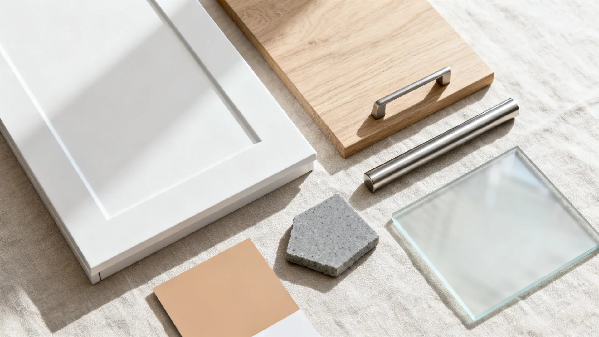 Flat lay of matte white, light ash wood, stainless, and gray quartz samples for a minimalist kitchen.