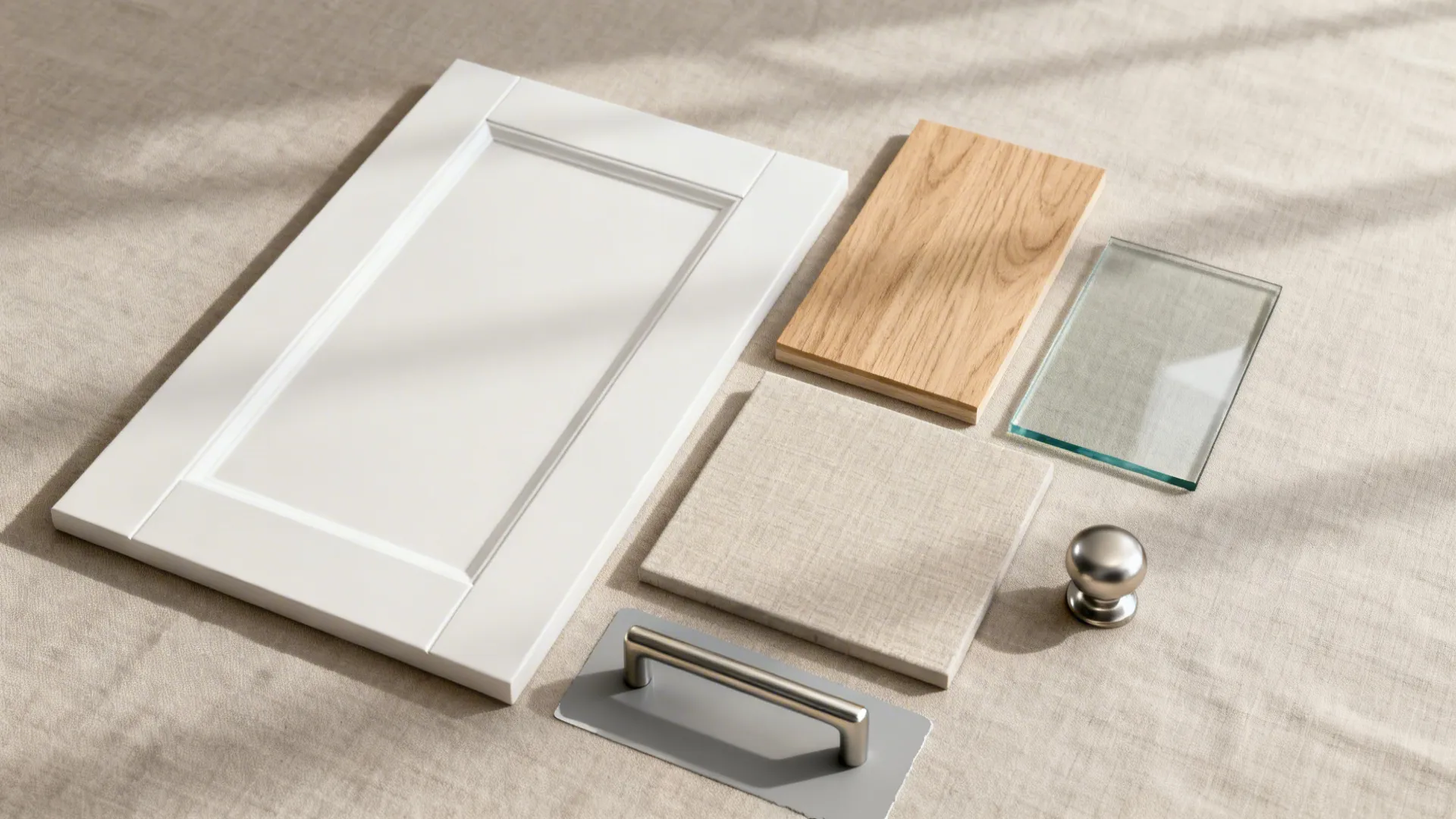 Flat lay of matte white front, light oak veneer, low-iron glass, linen tile, and satin metal handles.
