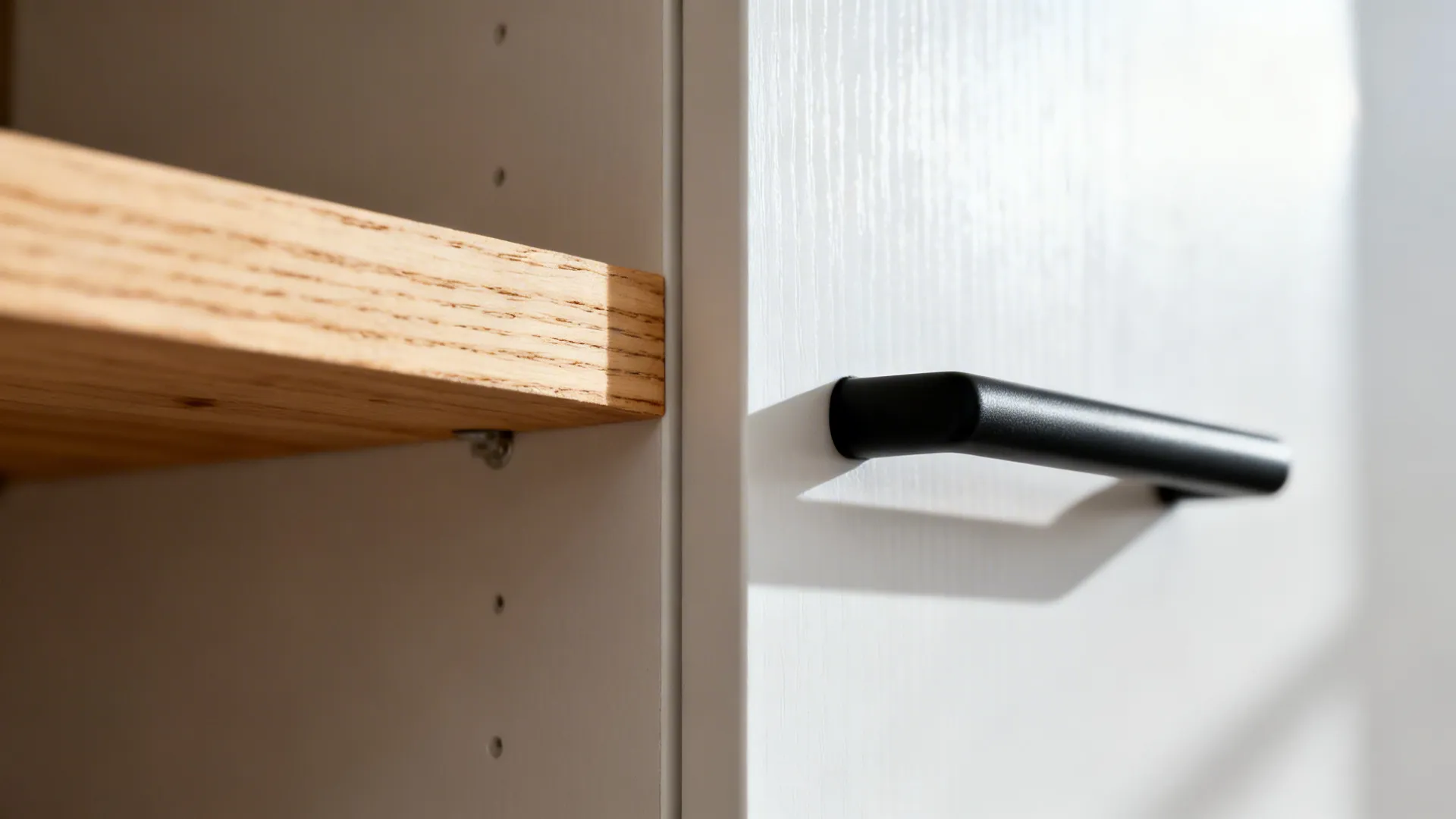 Close-up of birch plywood shelf, matte black pull, and white laminate door in soft daylight.
