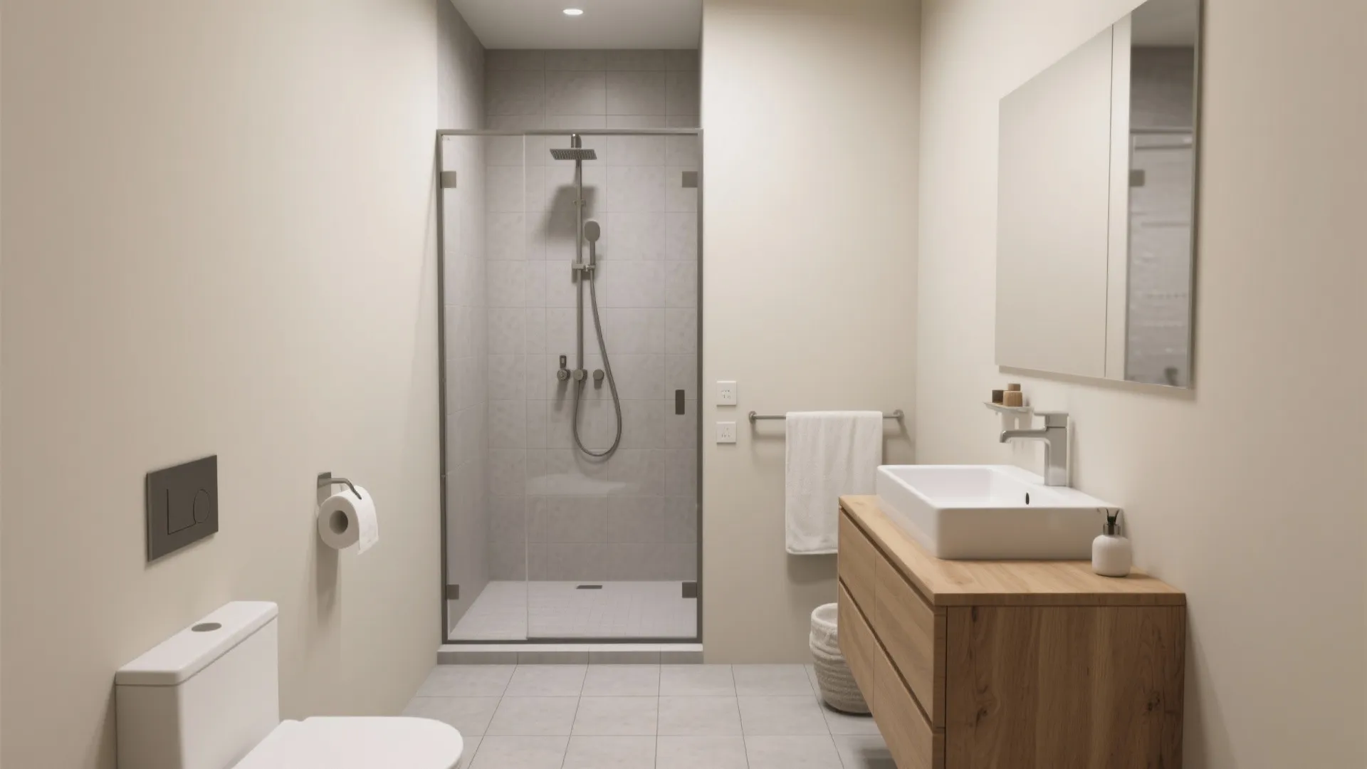 Minimalist bathroom design with glass shower door wooden sink cabinet white toilet and grey floor tiles