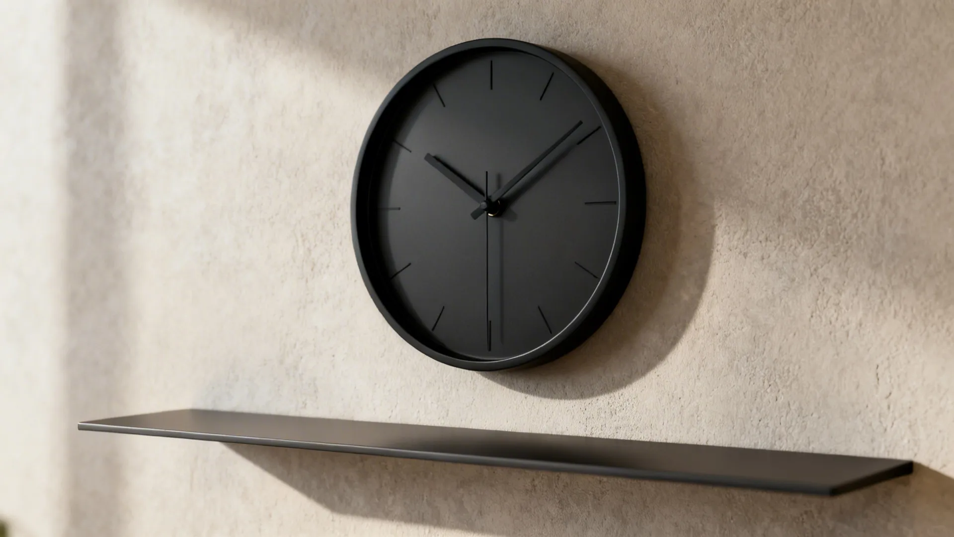 Macro view of a minimal matte black wall clock above a floating shelf on a textured neutral wall.