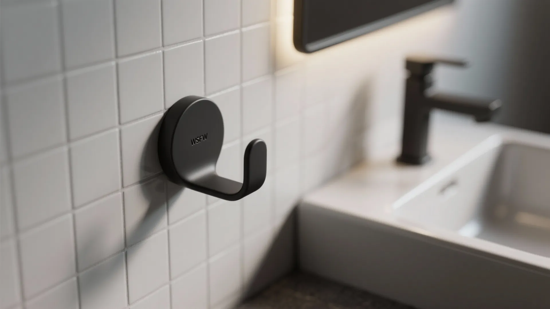 Close-up of a matte black single towel hook beside a sink, showing powder-coat texture.