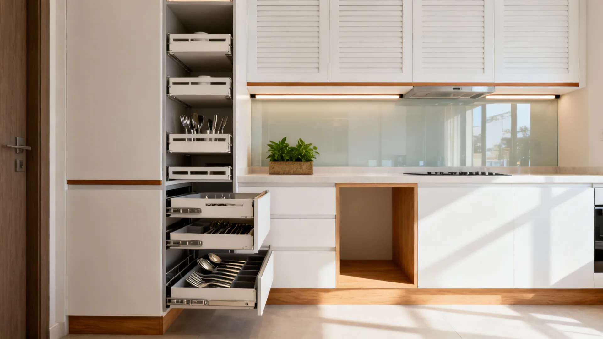 Minimal-upper compact kitchen with tall pantry, inner drawers, and glass backsplash for a cleaner look.