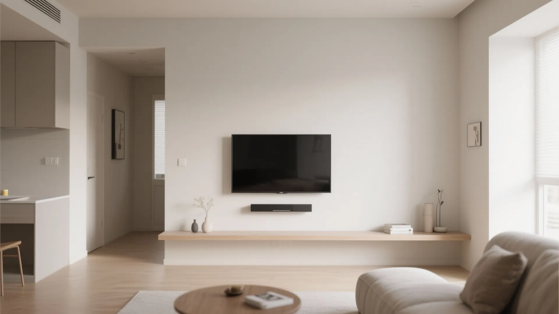 Minimalist living room with wall mounted television over long wooden shelf and light neutral walls