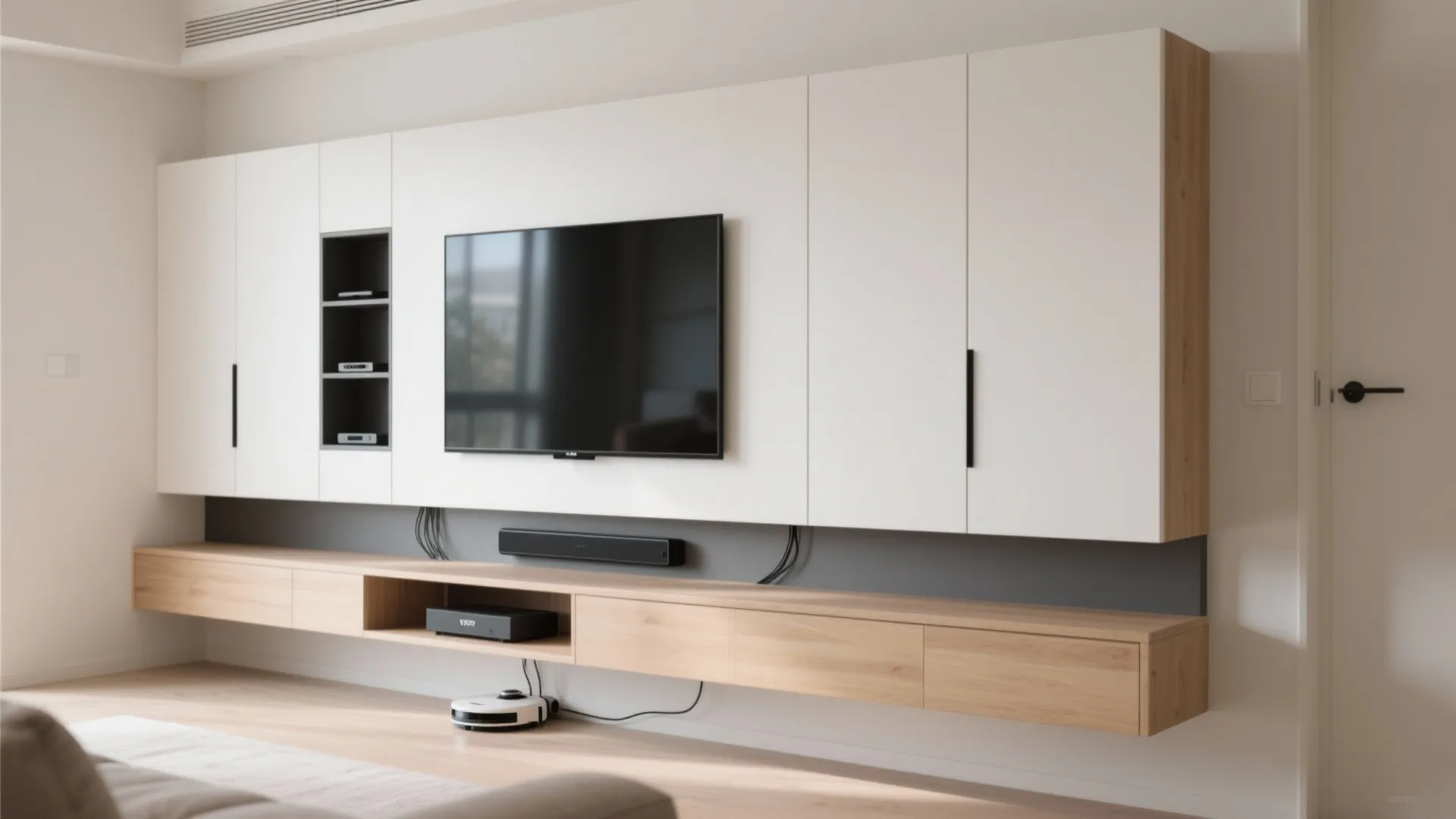 Minimalist Media Wall with Concealed Storage
