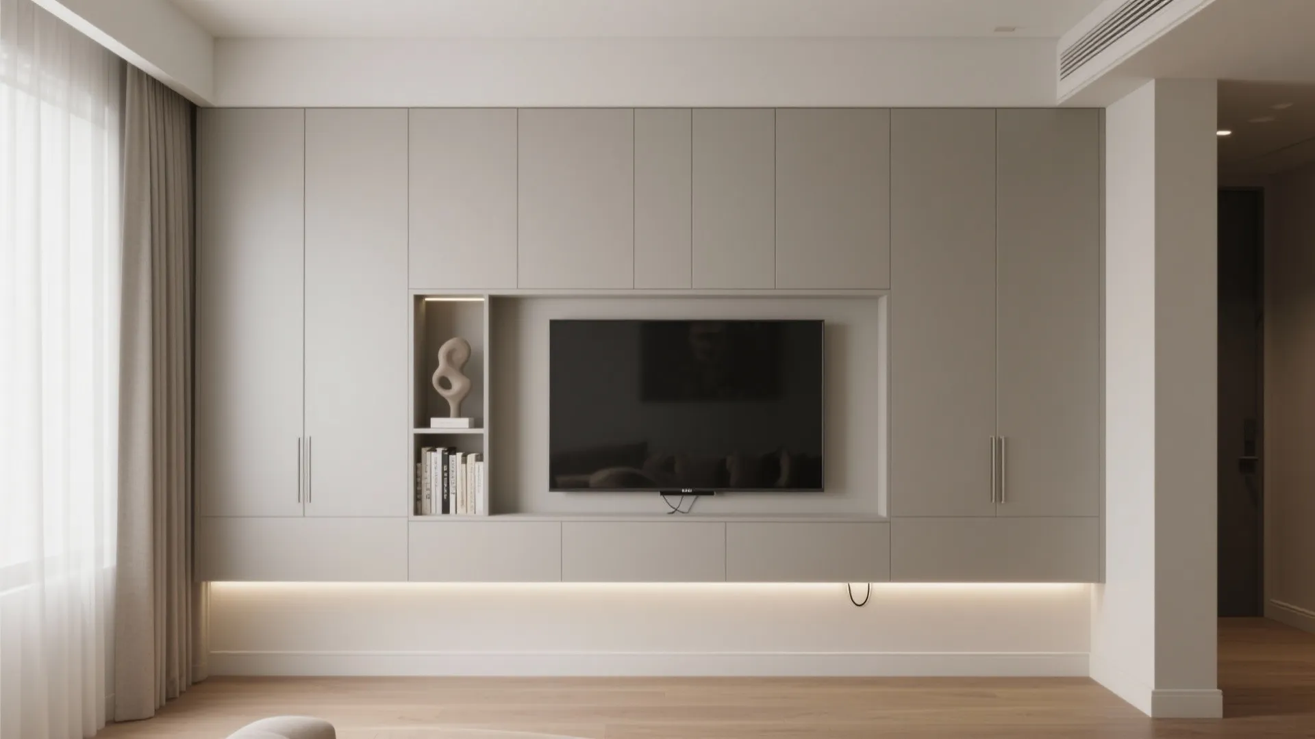 Minimalist storage wall around the TV