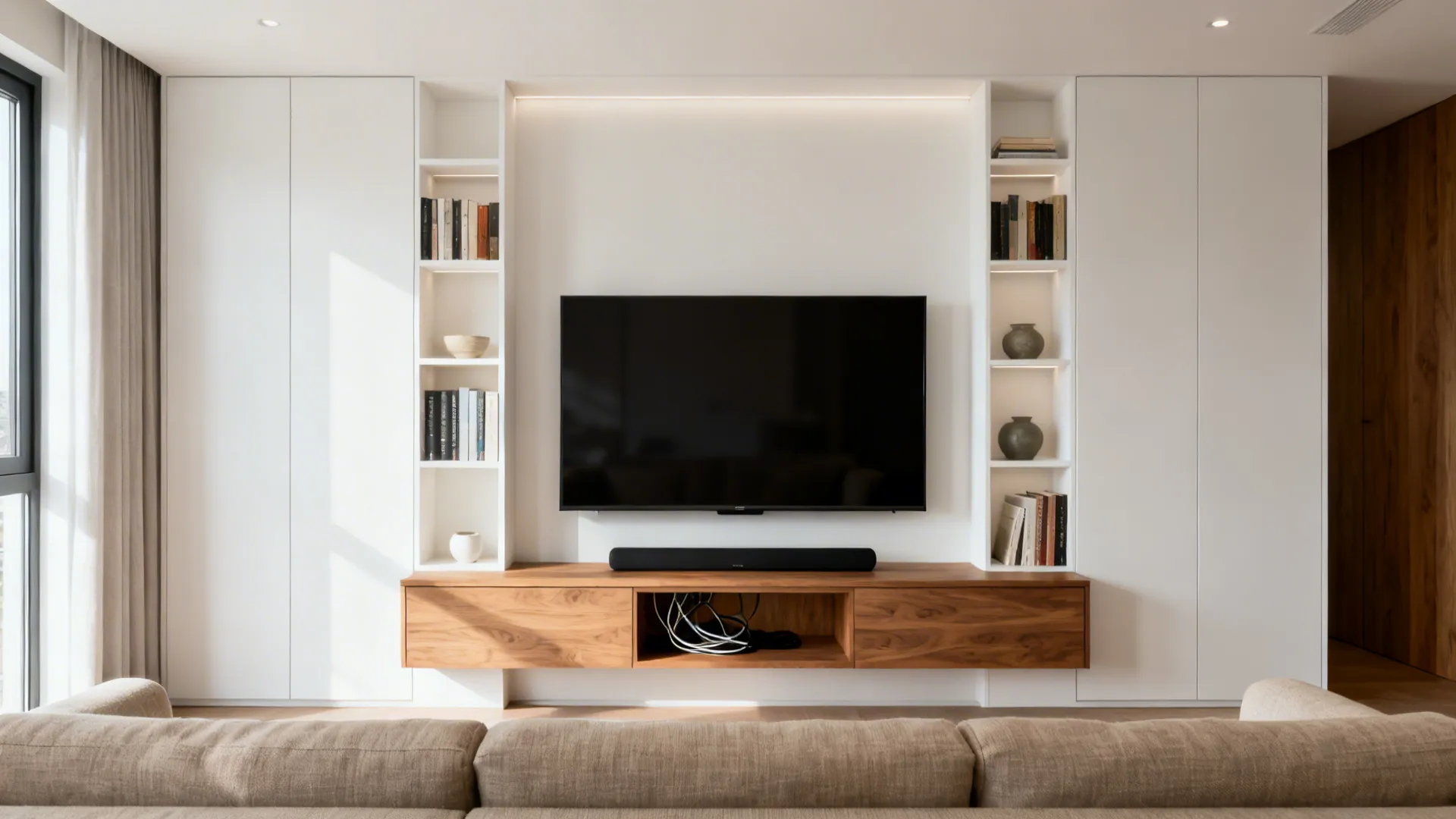 Minimalist built-in media wall with a centered TV, floating oak cabinet, and styled shelves.
