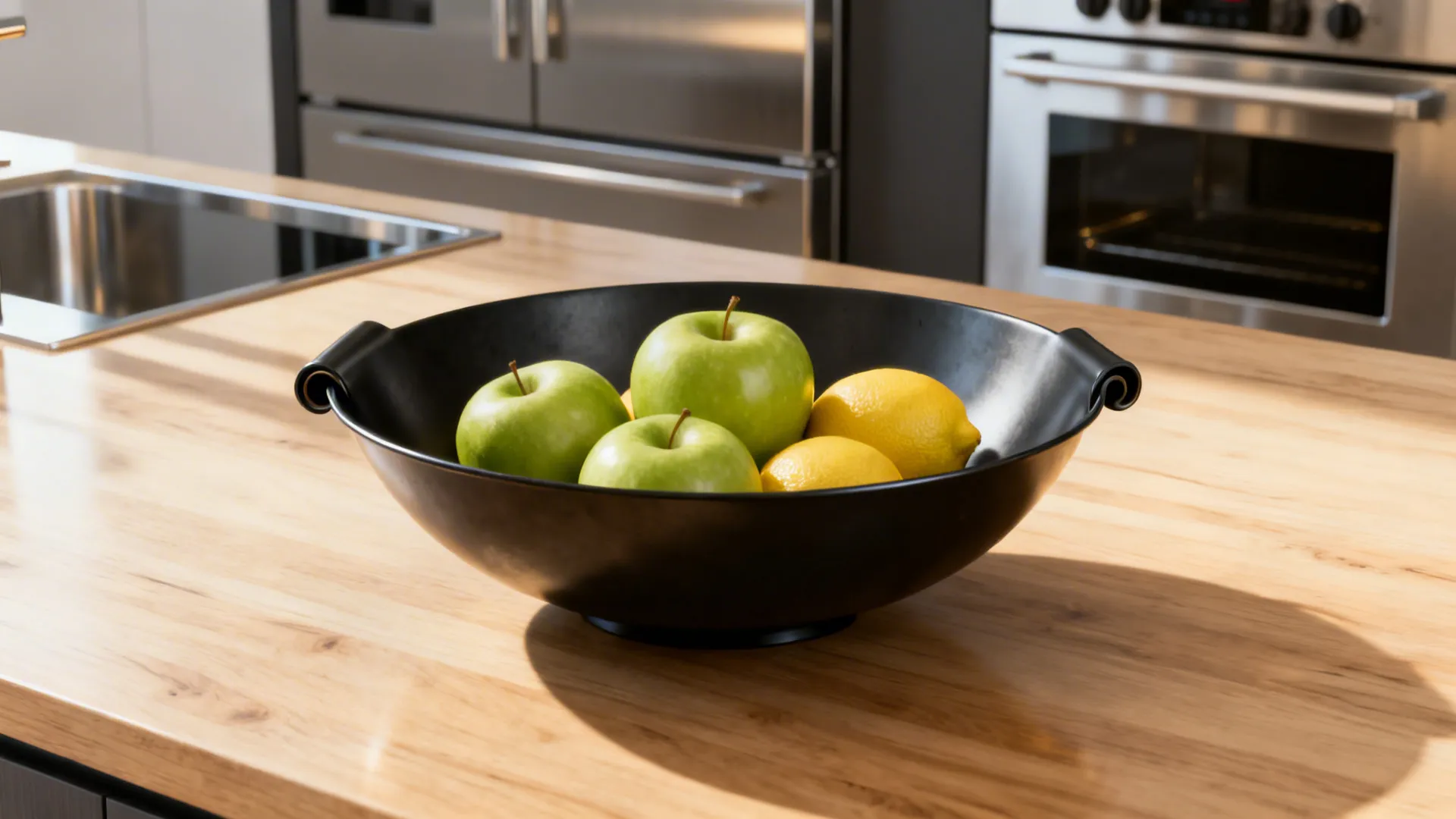 Matte black metal fruit bowl with rolled edge on pale oak counter holding apples and lemons.