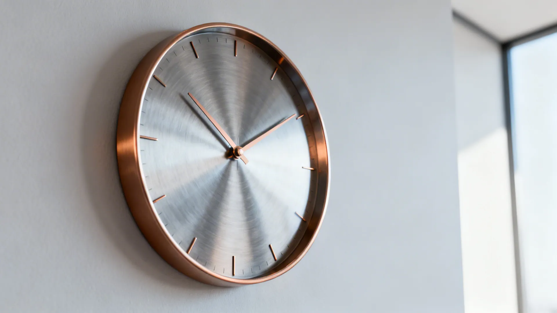 Close-up of an open-face minimalist metal clock showing negative space design on a modern wall.