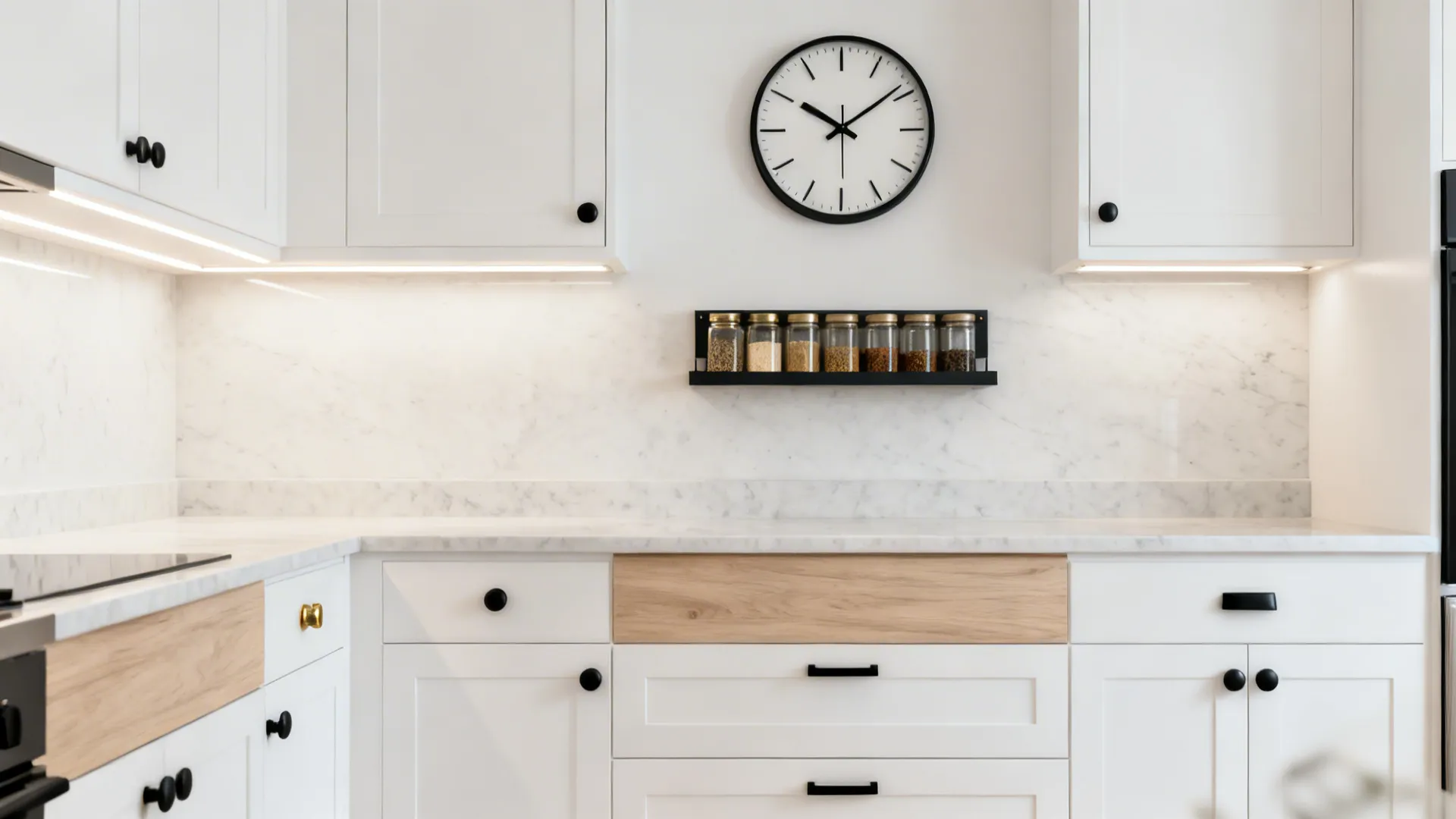 Slim matte-black metal wall clock above a floating spice shelf in a clean-lined small kitchen.