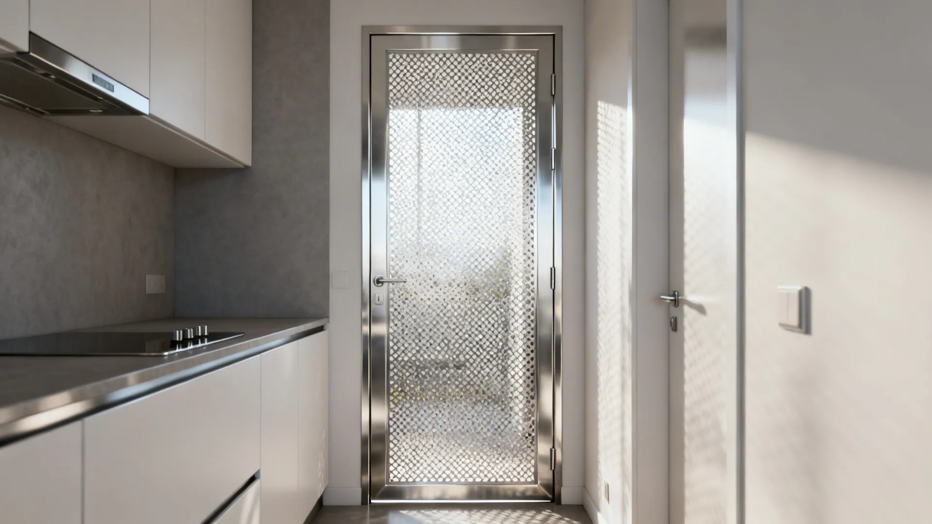 Slim powder-coated metal jali door in a small kitchen entry for airflow and light.