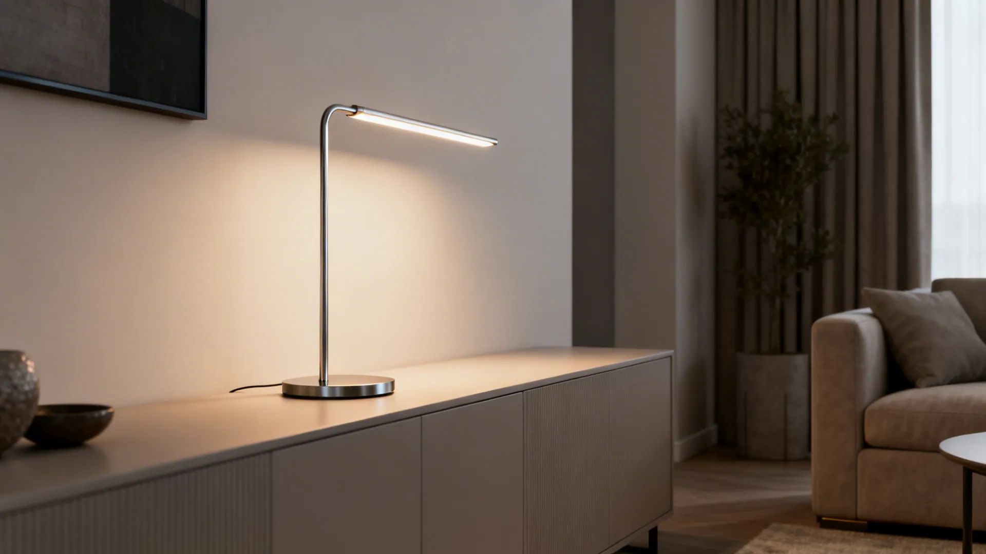 Minimalist metal table lamp with warm LED light on a modern console in a contemporary living room.