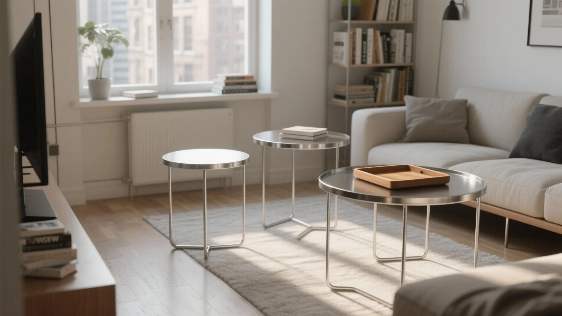 Airy city flat with three thin-profile metal tables softened by wooden accents.