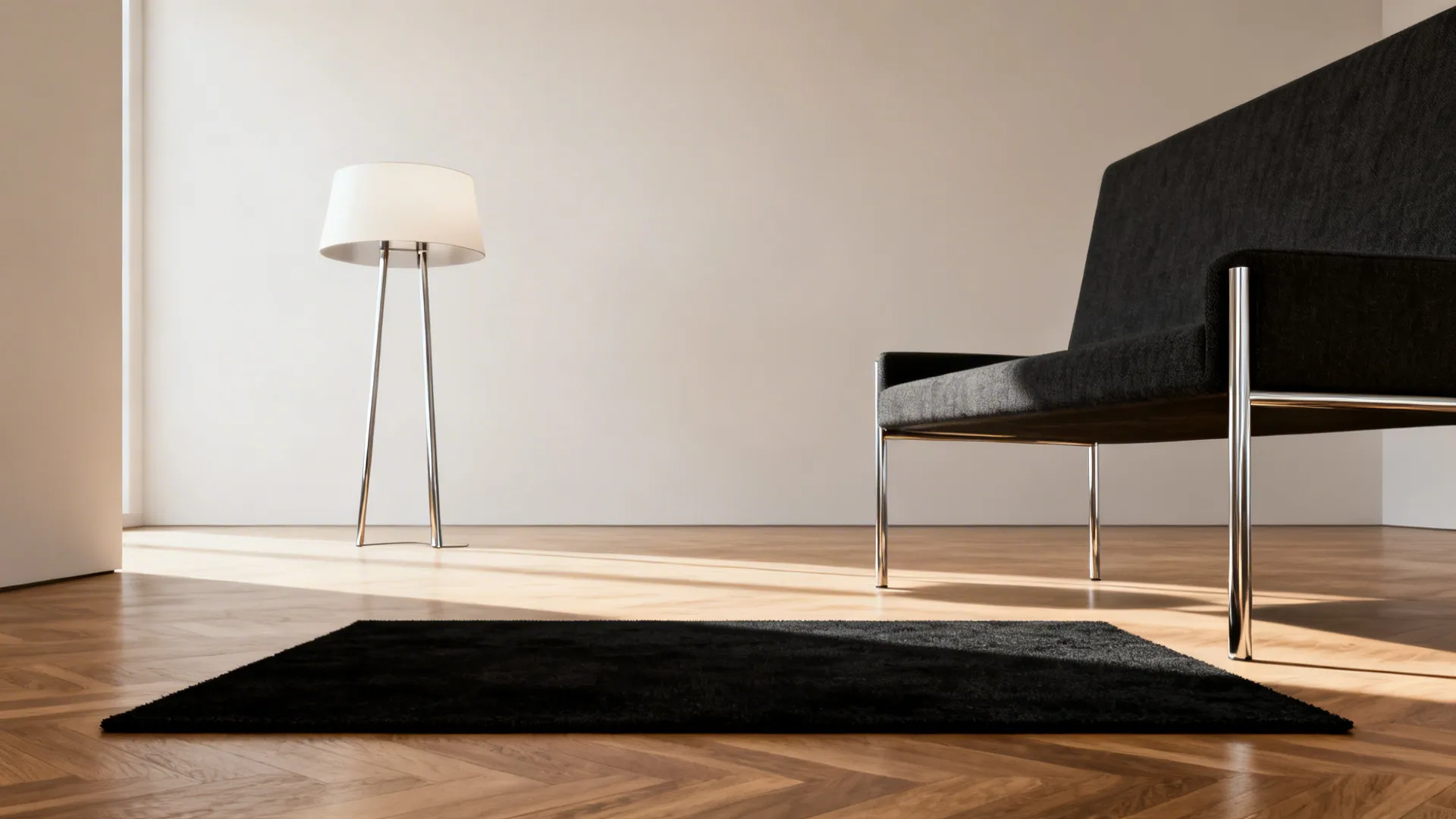 Minimalist interior with a black rug, slim metallic furniture legs and a sculptural lamp creating a gallery-like calm.