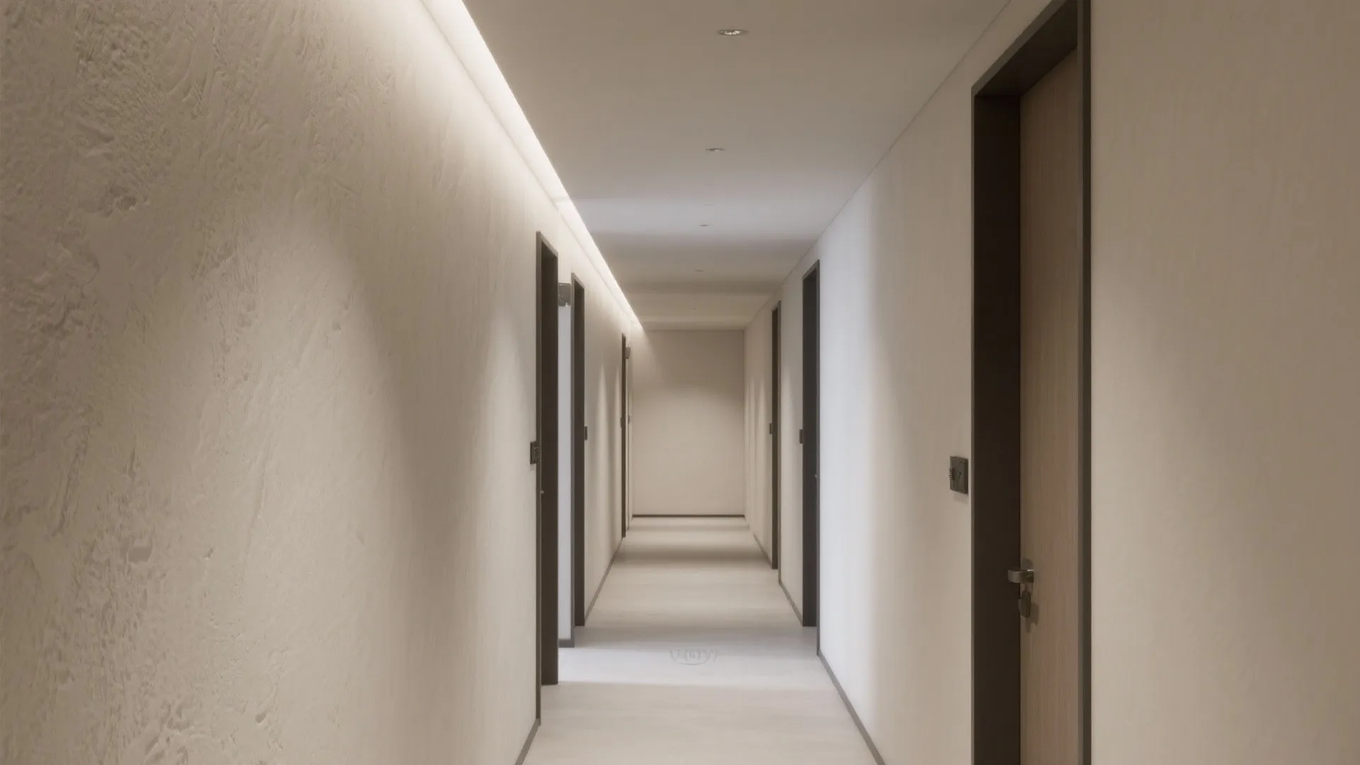 Modern minimal hallway with hidden ceiling lights wooden doors and white walls in neutral tones