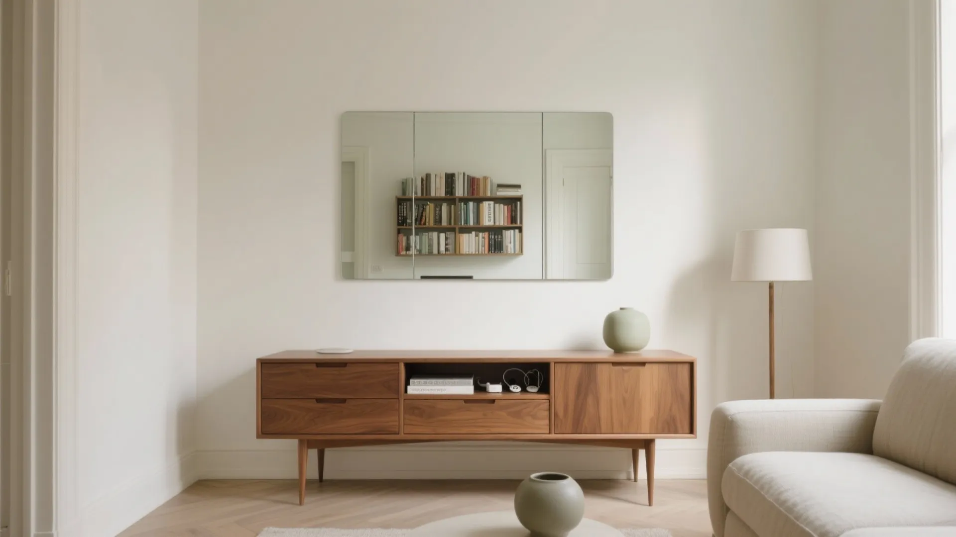 Minimalist Mirror Wall with Hidden Storage