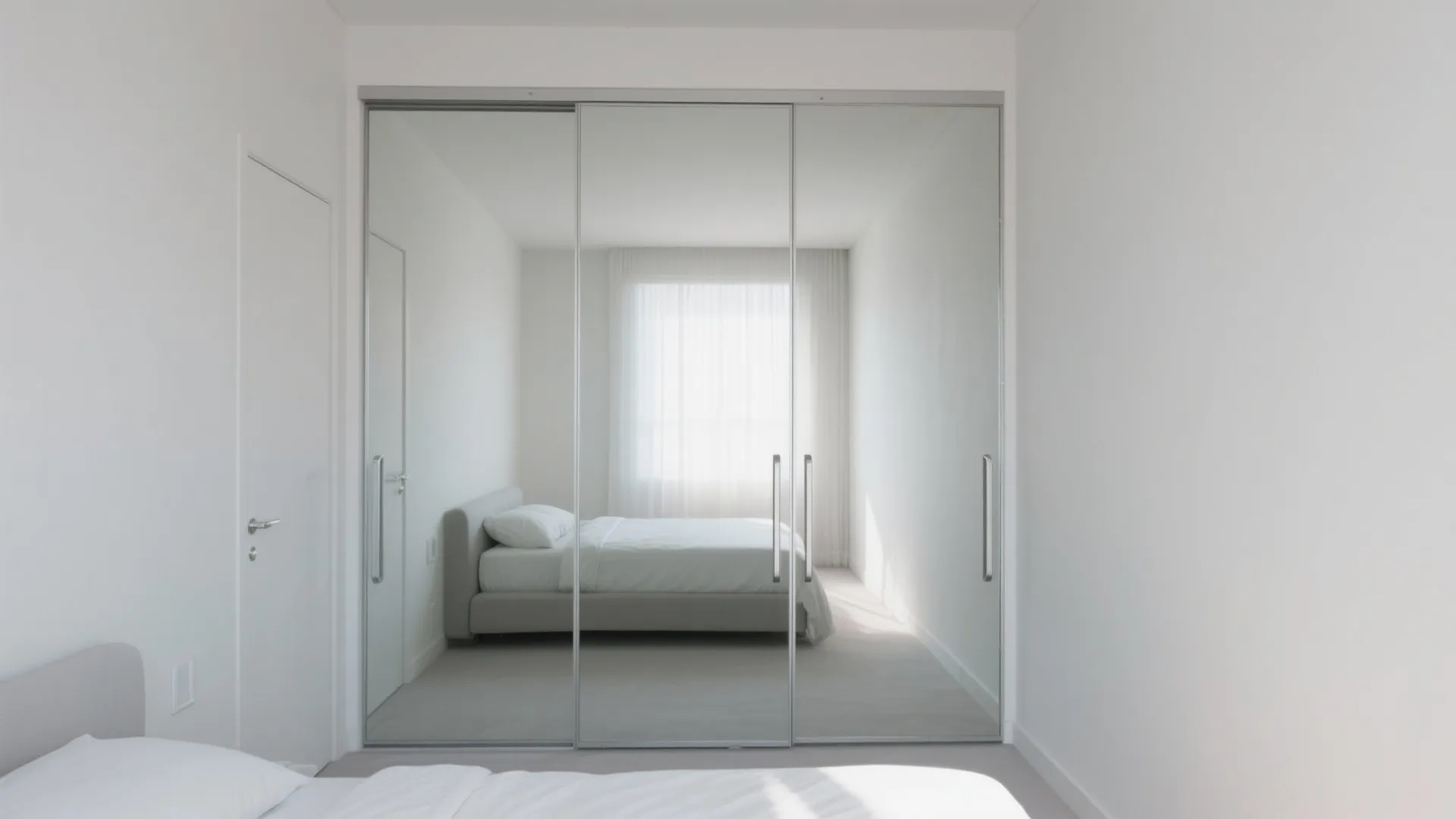 Minimalist white bedroom featuring floor to ceiling mirror closet doors reflecting a bright window and bed