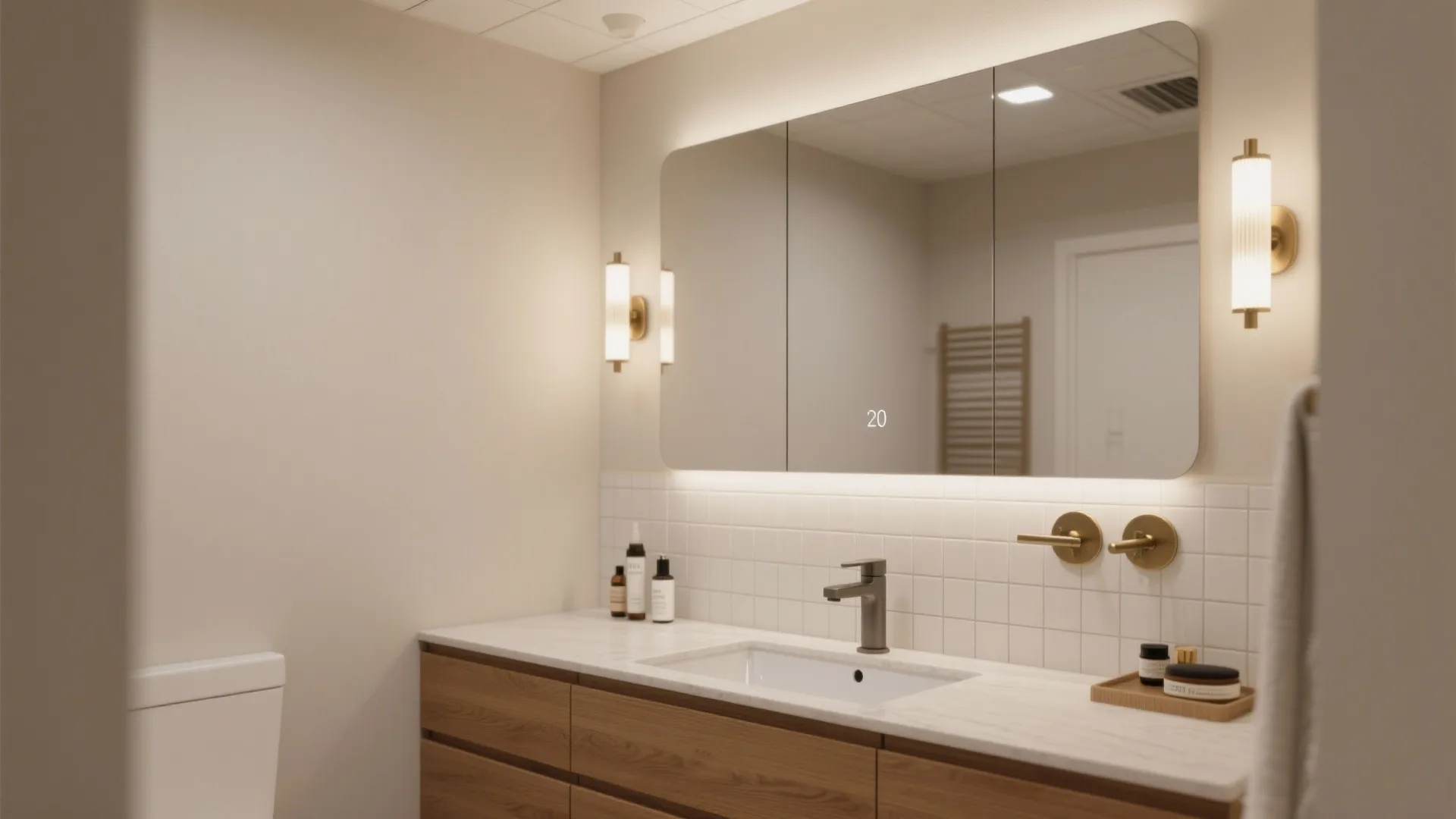 Small vanity with a slim mirror tile band reflecting soft daylight to brighten the ceiling.