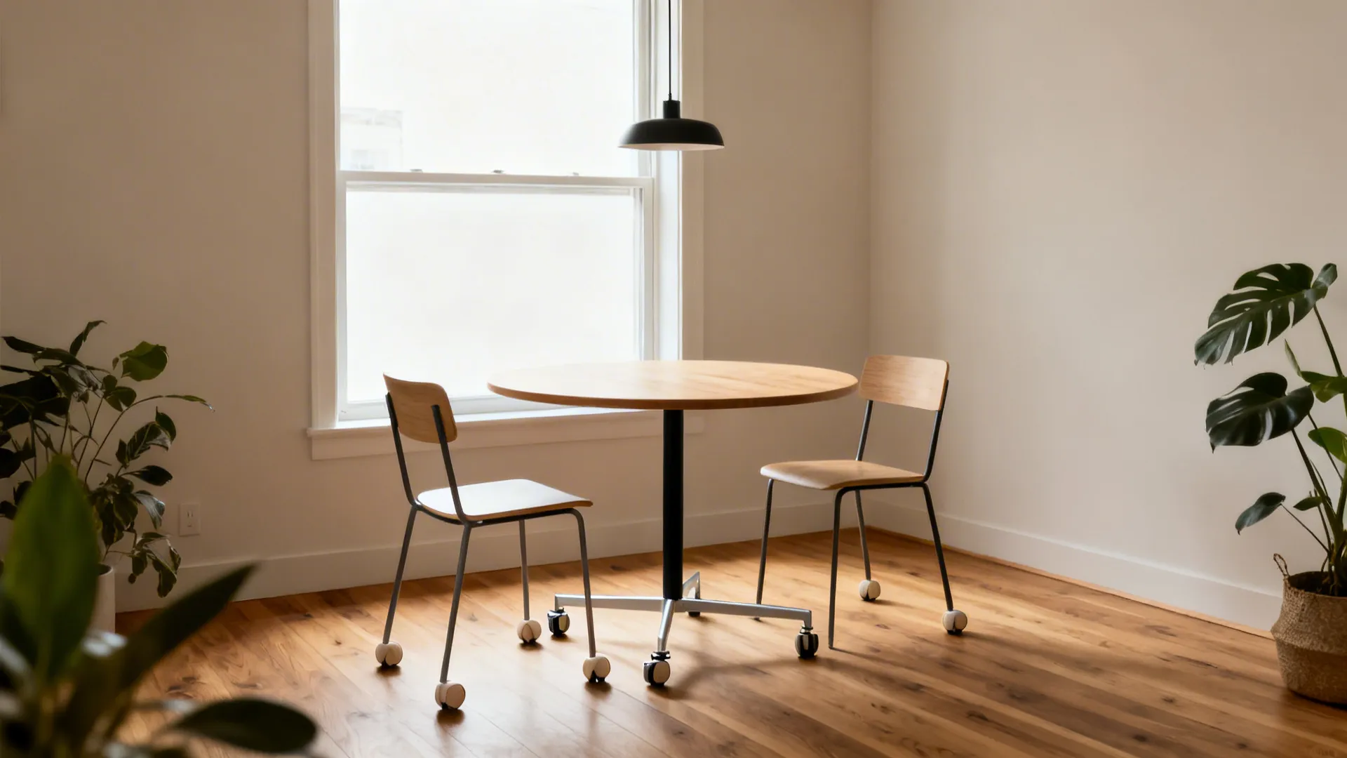 Minimalist 30-inch round table and slim rolling chairs tucked by a window in a studio.