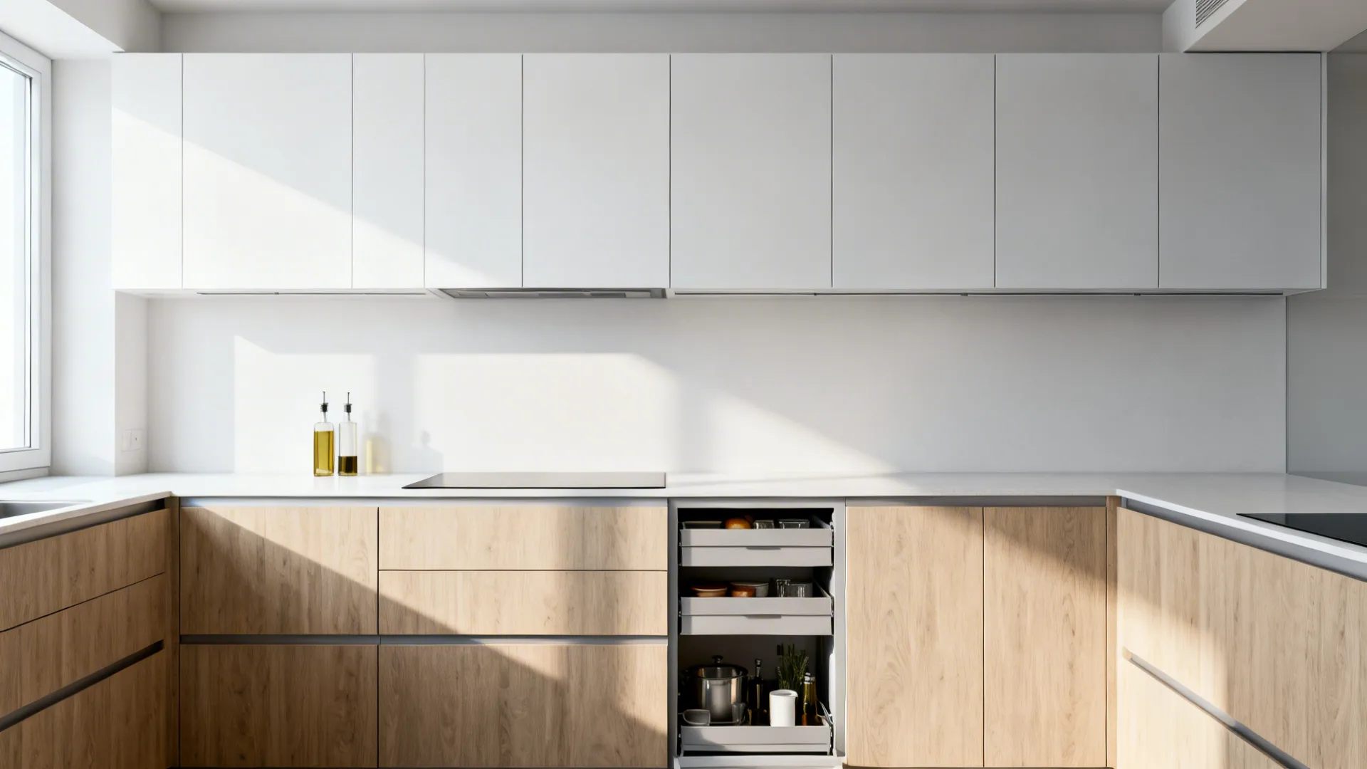 Minimalist modular kitchen with handleless cabinets and a slim, seamless storage run.
