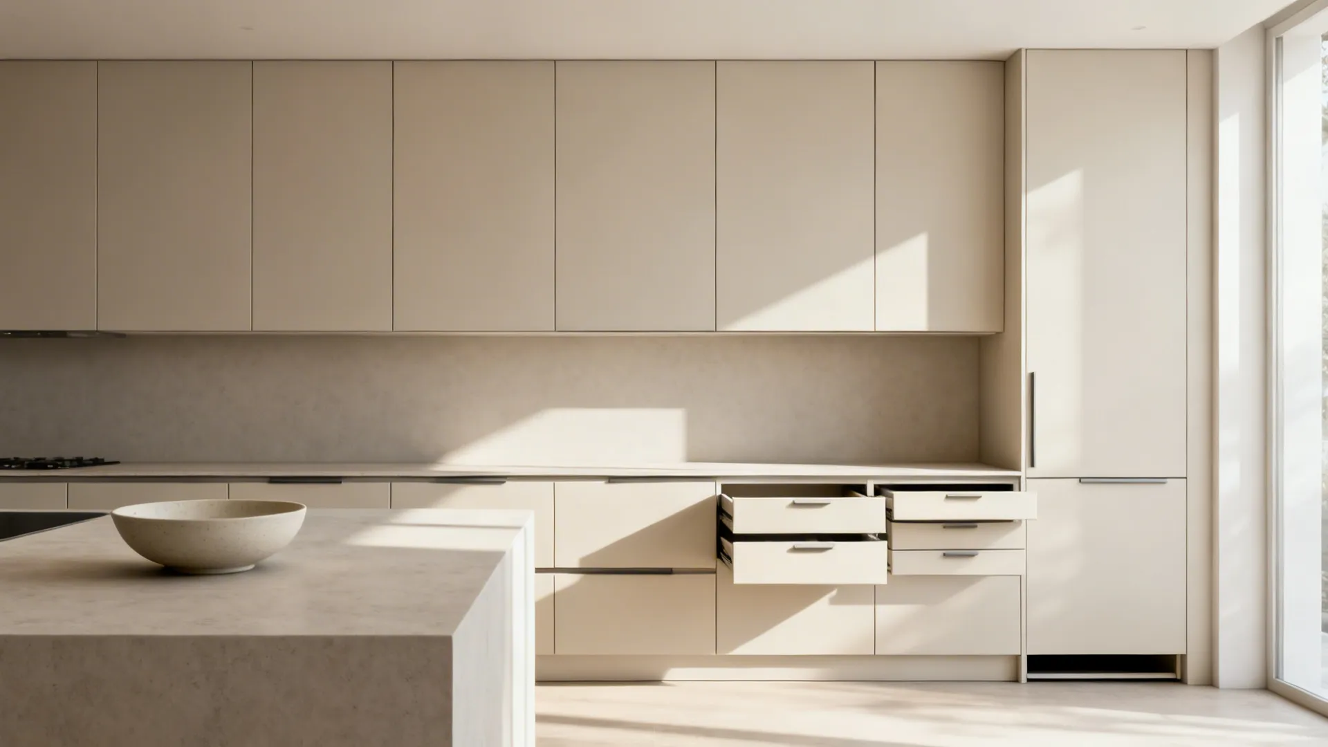 Seamless matte modular cabinets with hidden drawers and pull-outs in a compact kitchen.