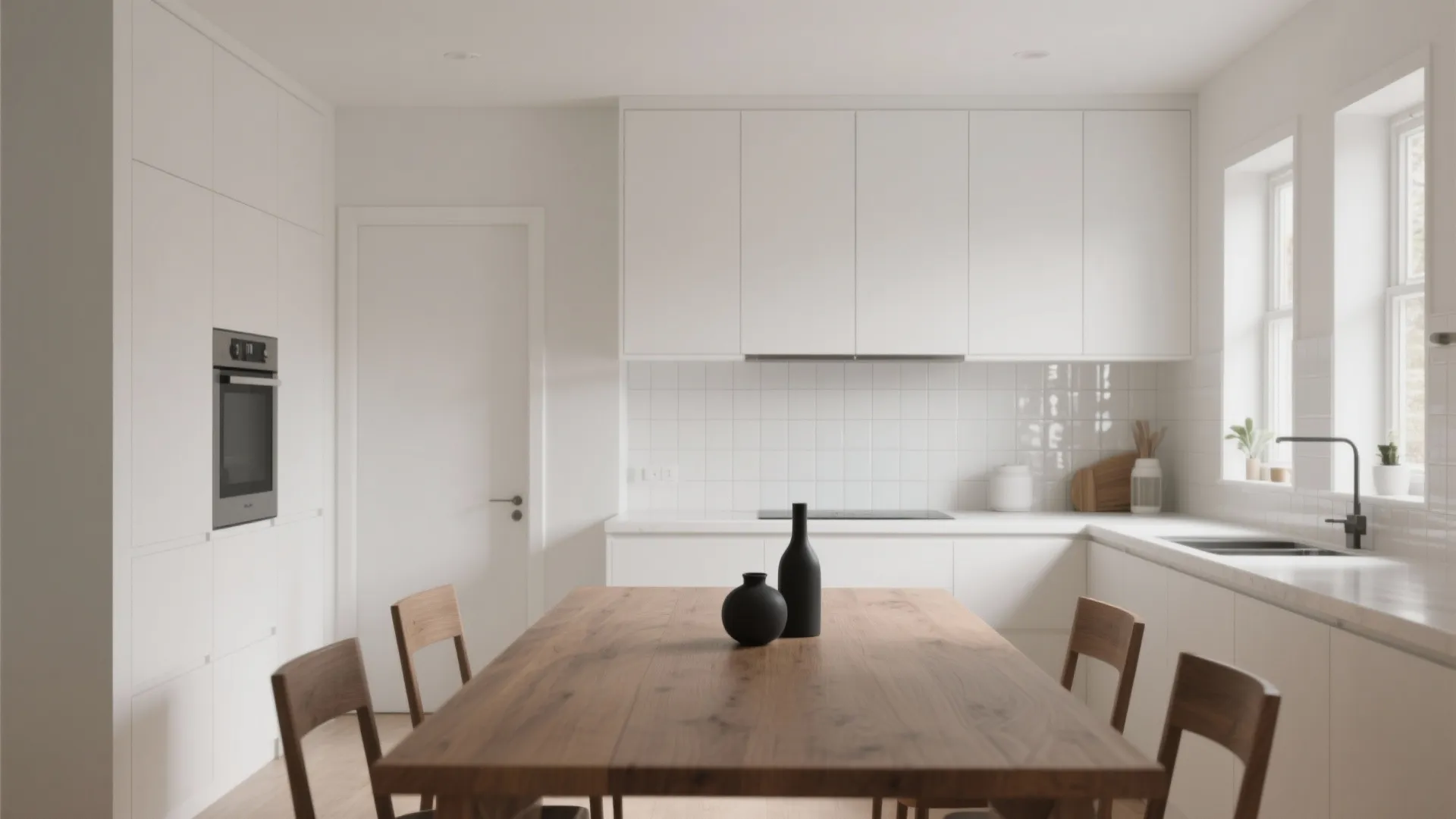 Minimalist white kitchen with wooden dining table chairs black vases white cabinets and bright natural light