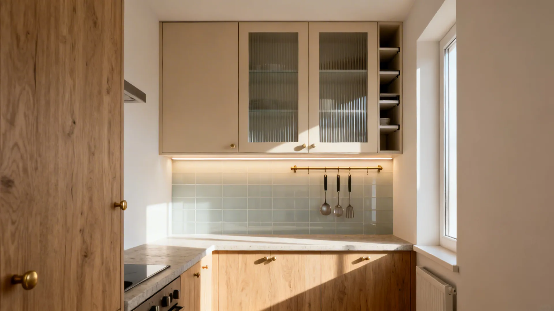 Modern kitchen with wood cabinets, glass upper doors, light blue tiles, hanging utensils, and window
