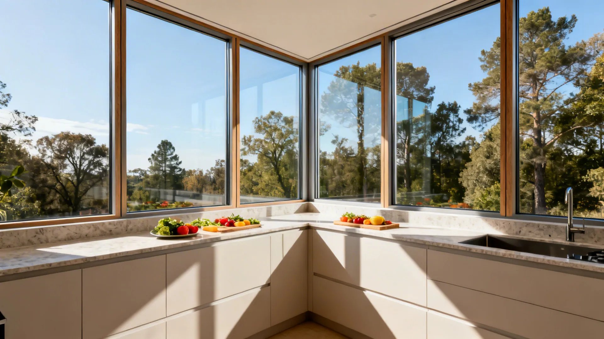 Compact kitchen with a corner window featuring minimal mullions and slim frames.