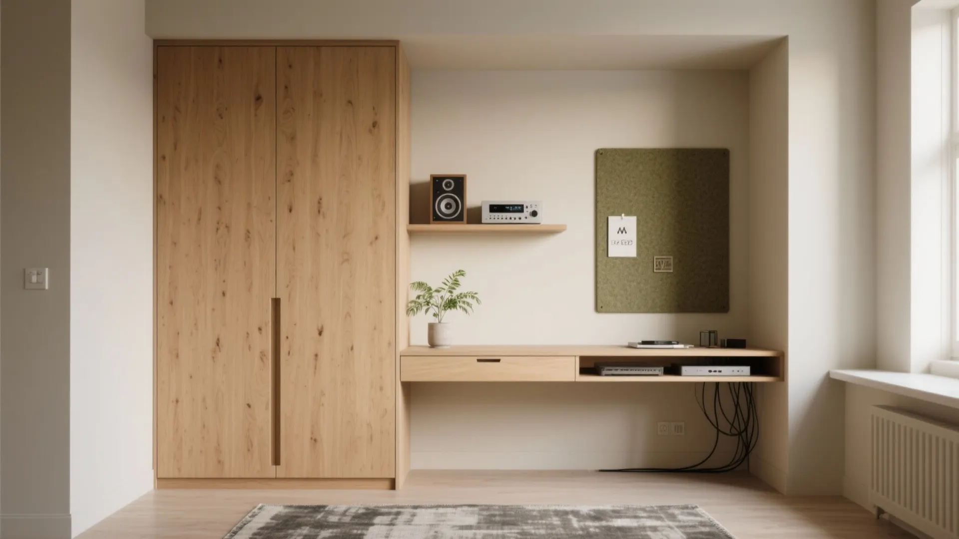 Modern wooden cabinet and desk area with small plant speaker green board and grey rug
