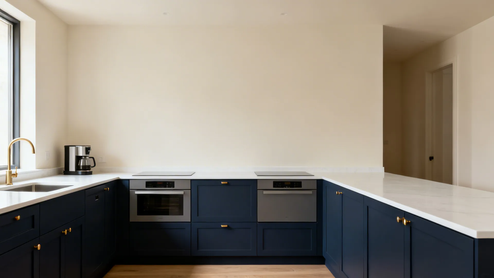 Minimal kitchen with matte navy lowers and warm white walls under soft daylight.