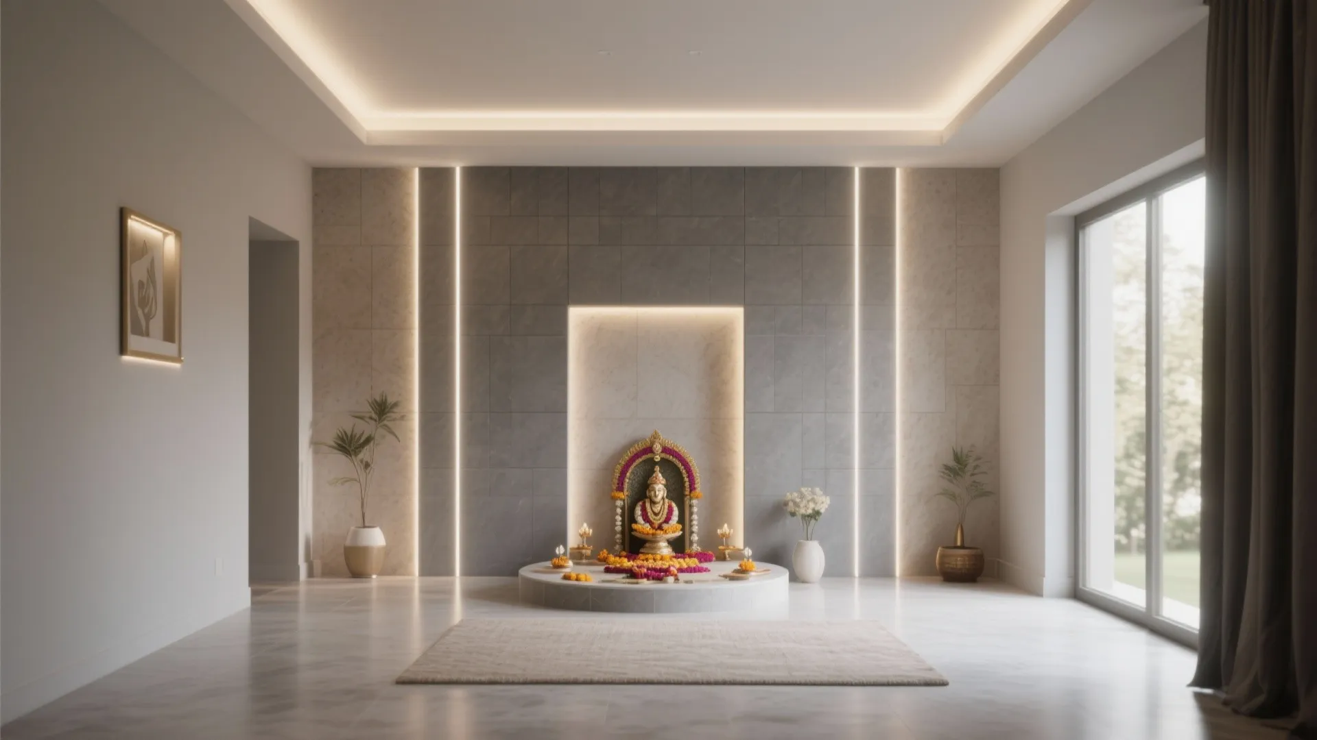 Modern prayer room with grey wall panels hidden lighting small rug and glass sliding patio doors
