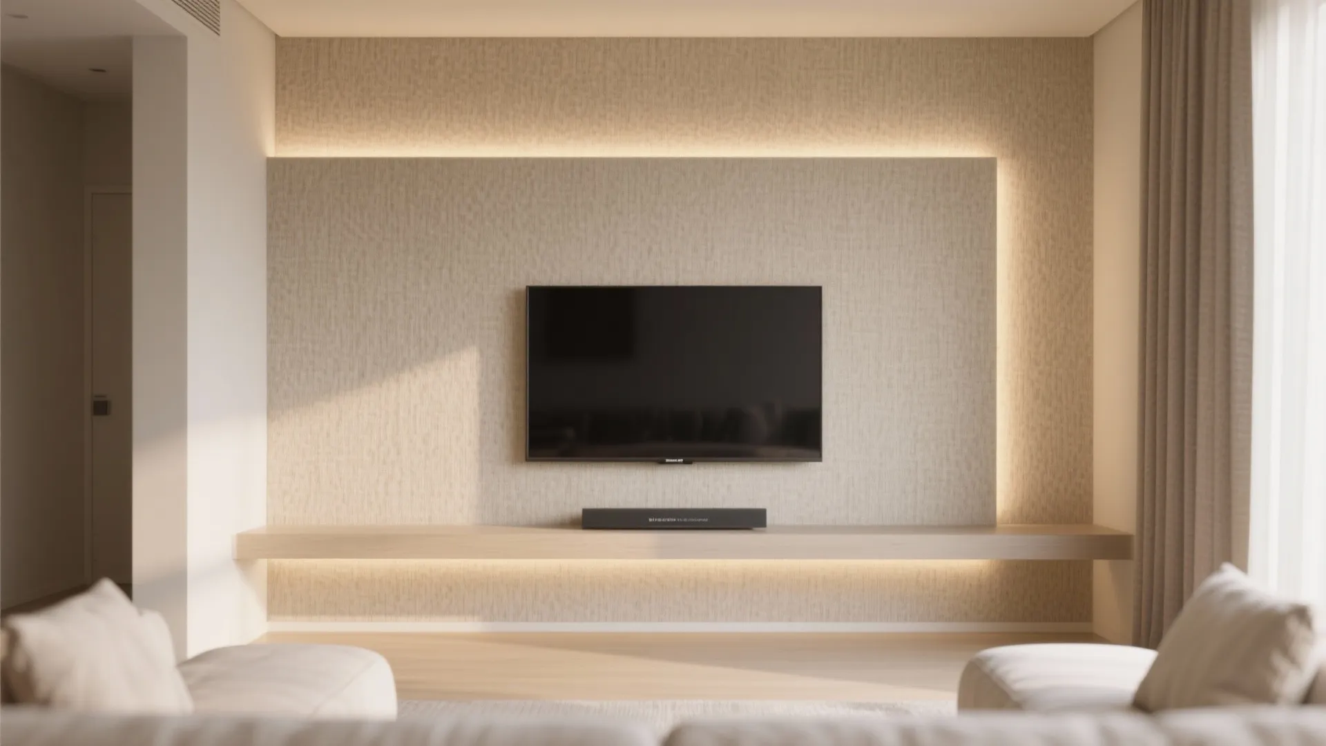 Modern living room with wall mounted television wooden shelf backlighting and neutral colored interior design