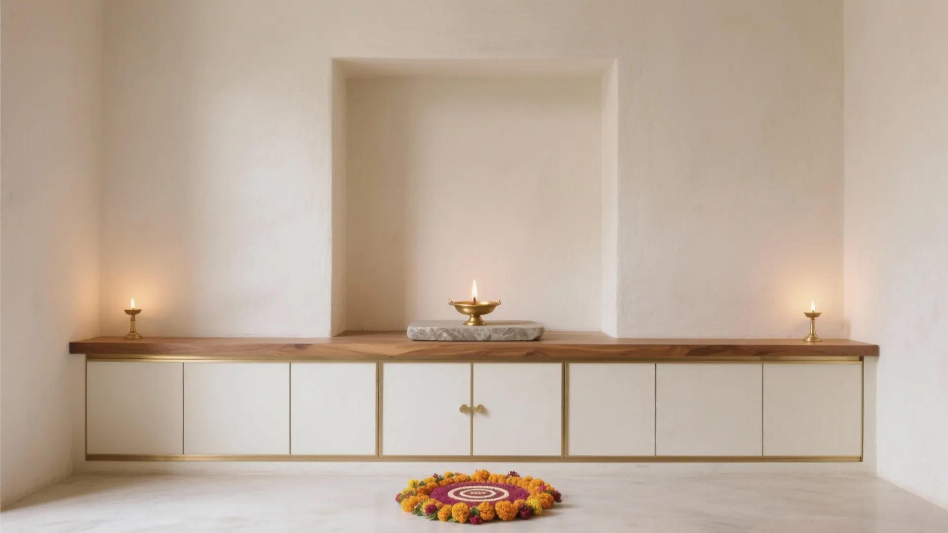 1) Minimalist sacred wall with calm neutrals