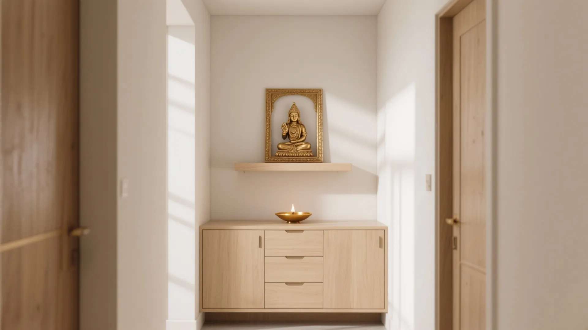 Minimal Pooja Niche: Calm Lines, Hidden Storage