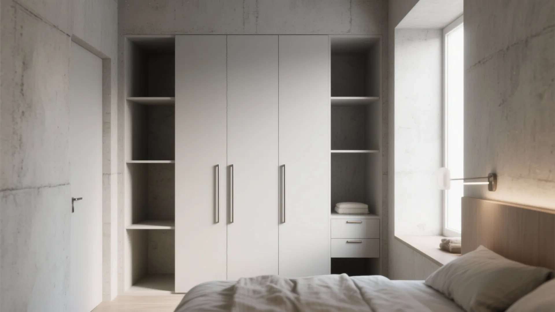 Minimalist white built-in cabinet with open side shelves standing next to a bright bedroom window