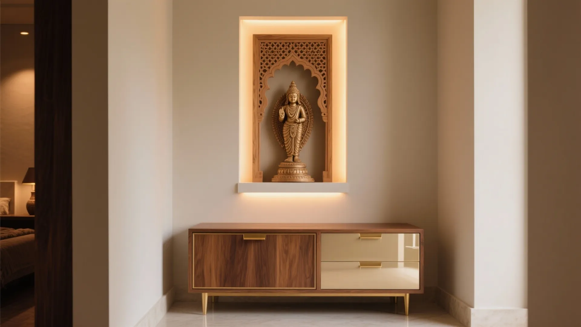 Minimalist pooja niche with concealed storage
