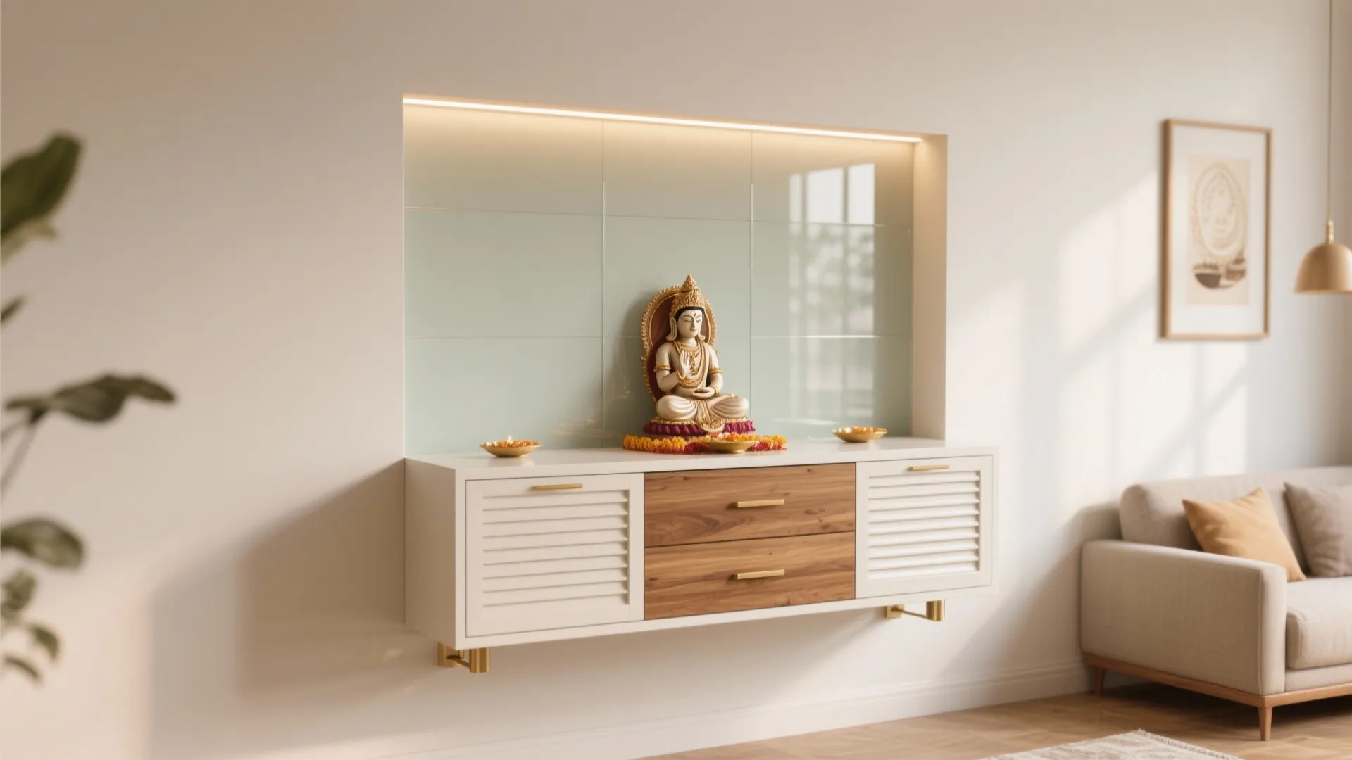 Modern white wall cabinet with wood drawers holding a statue in a living room niche
