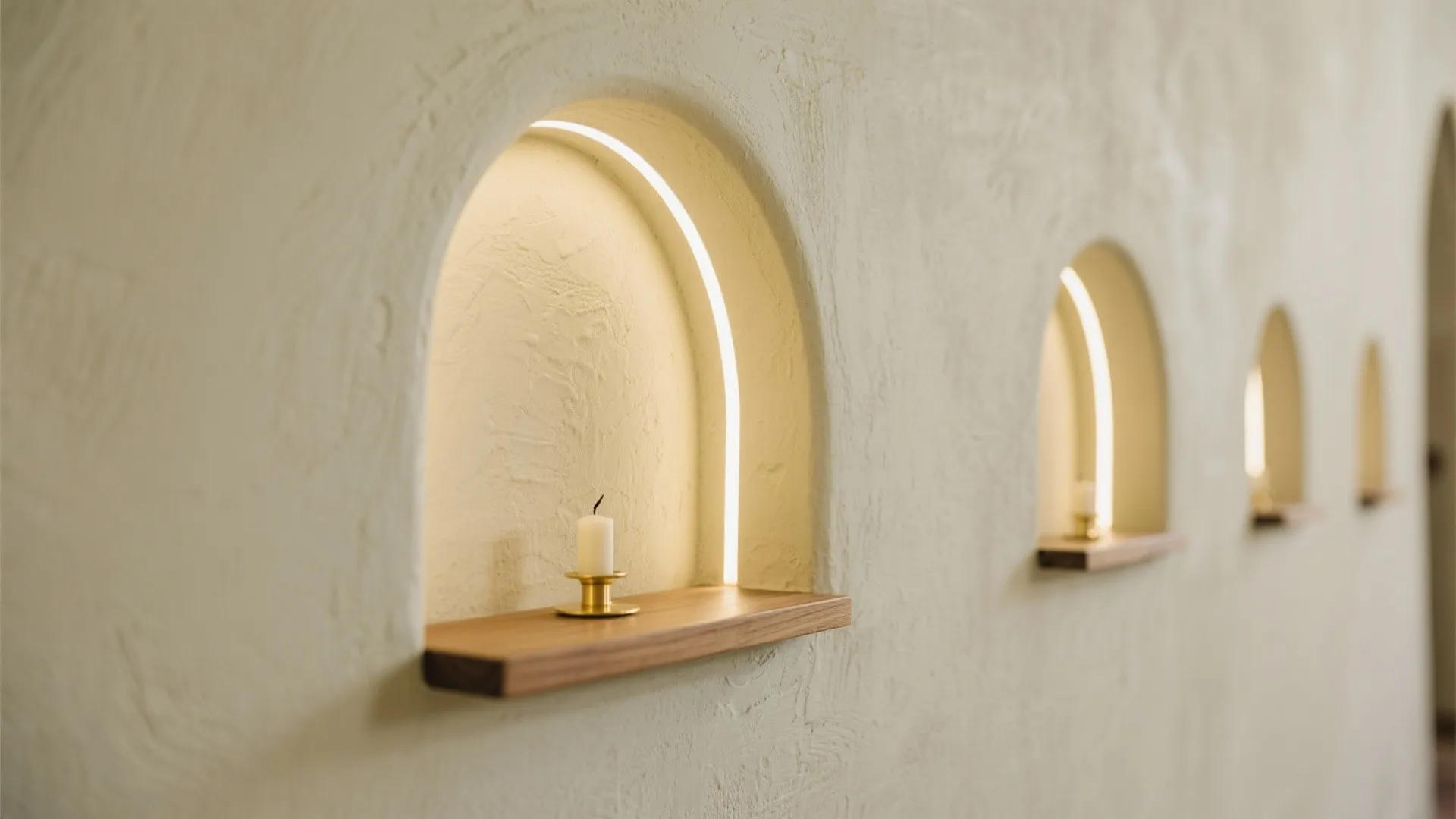 1) Minimalist devotional niches with warm plaster and quiet lighting