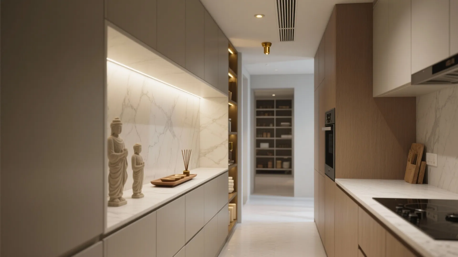 Slim recessed pooja niche beside pantry with quartz back panel and warm-dim LED lighting.
